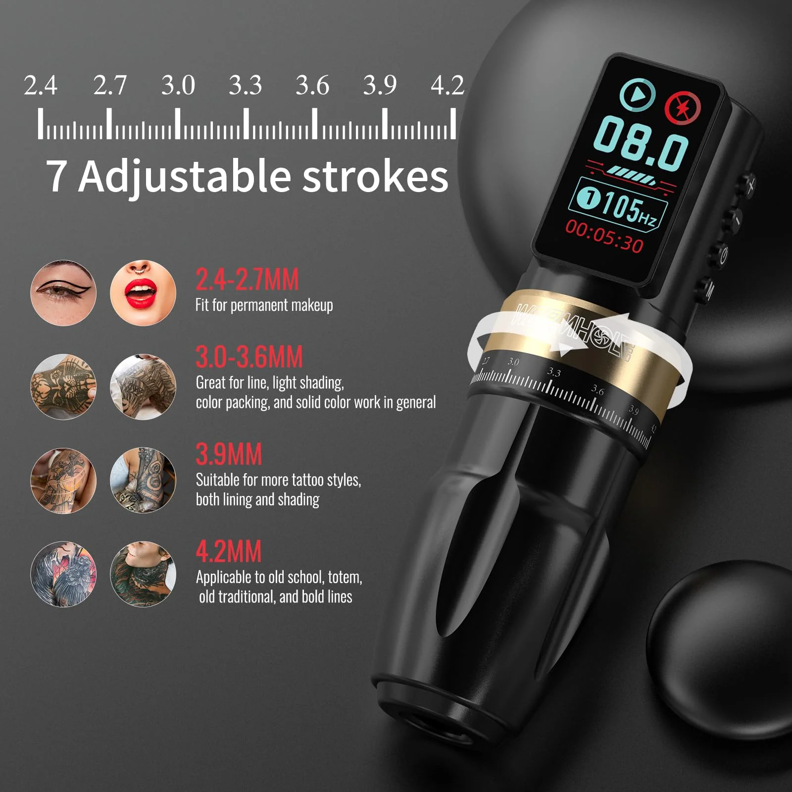 Wormhole Tattoo Gun Wireless Tattoo Machine with 2300mAh Battery, Multi-function Smart Tattoo Pen with 7 Adjustable Strokes Jump-start/Dot Work Mode Tattoo Supplies for Professional Tattooist HP99-A - Image 4