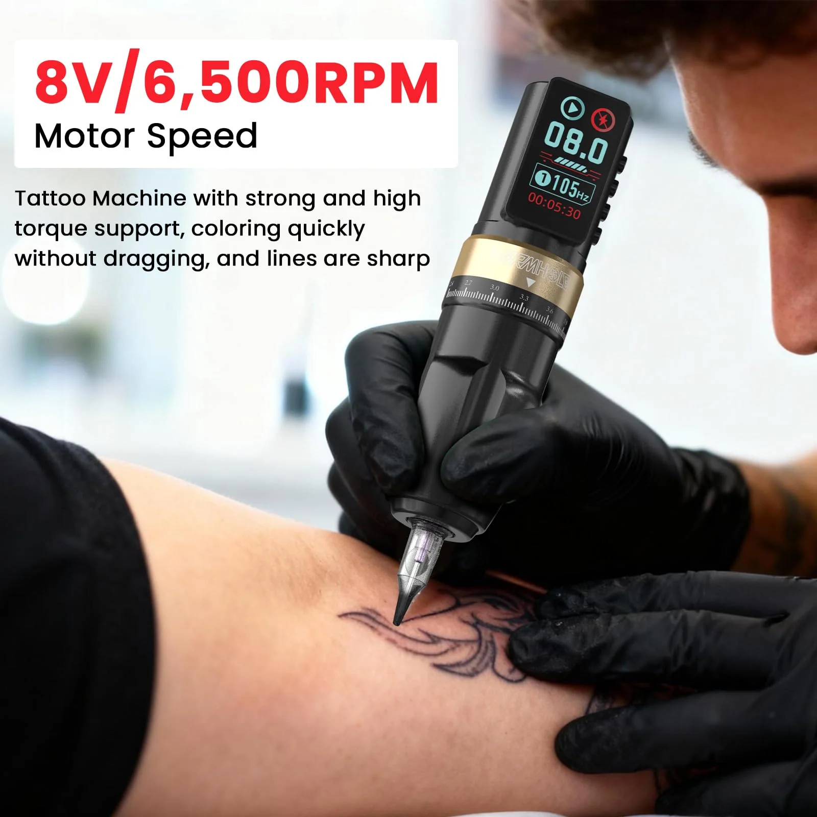 Wormhole Tattoo Gun Wireless Tattoo Machine with 2300mAh Battery, Multi-function Smart Tattoo Pen with 7 Adjustable Strokes Jump-start/Dot Work Mode Tattoo Supplies for Professional Tattooist HP99-A - Image 6