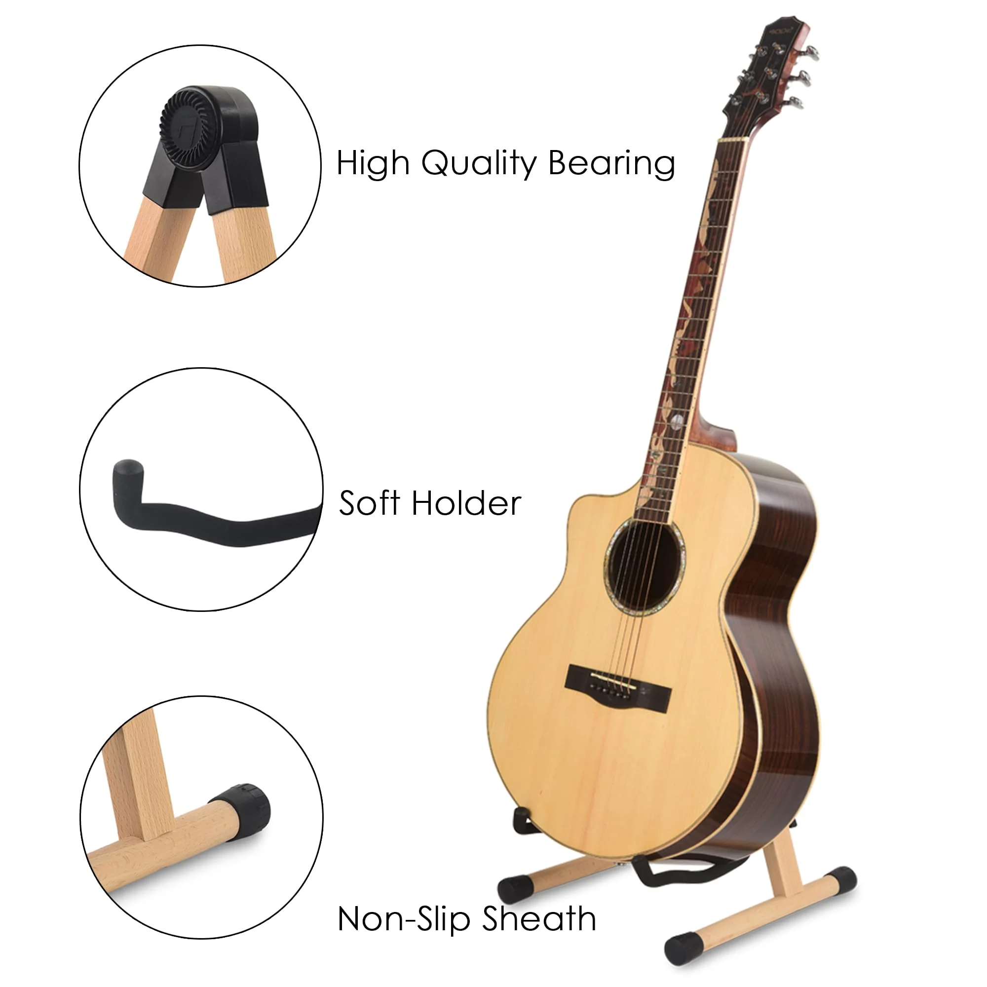 WOTLLA® Guitar Stand, Guitar Stands Floor with Sponges A Frame Folding Guitar Stand for Guitars Bass Cello Mandolin Banjo, Gifts for Guitar Players Beech Wood - Image 2