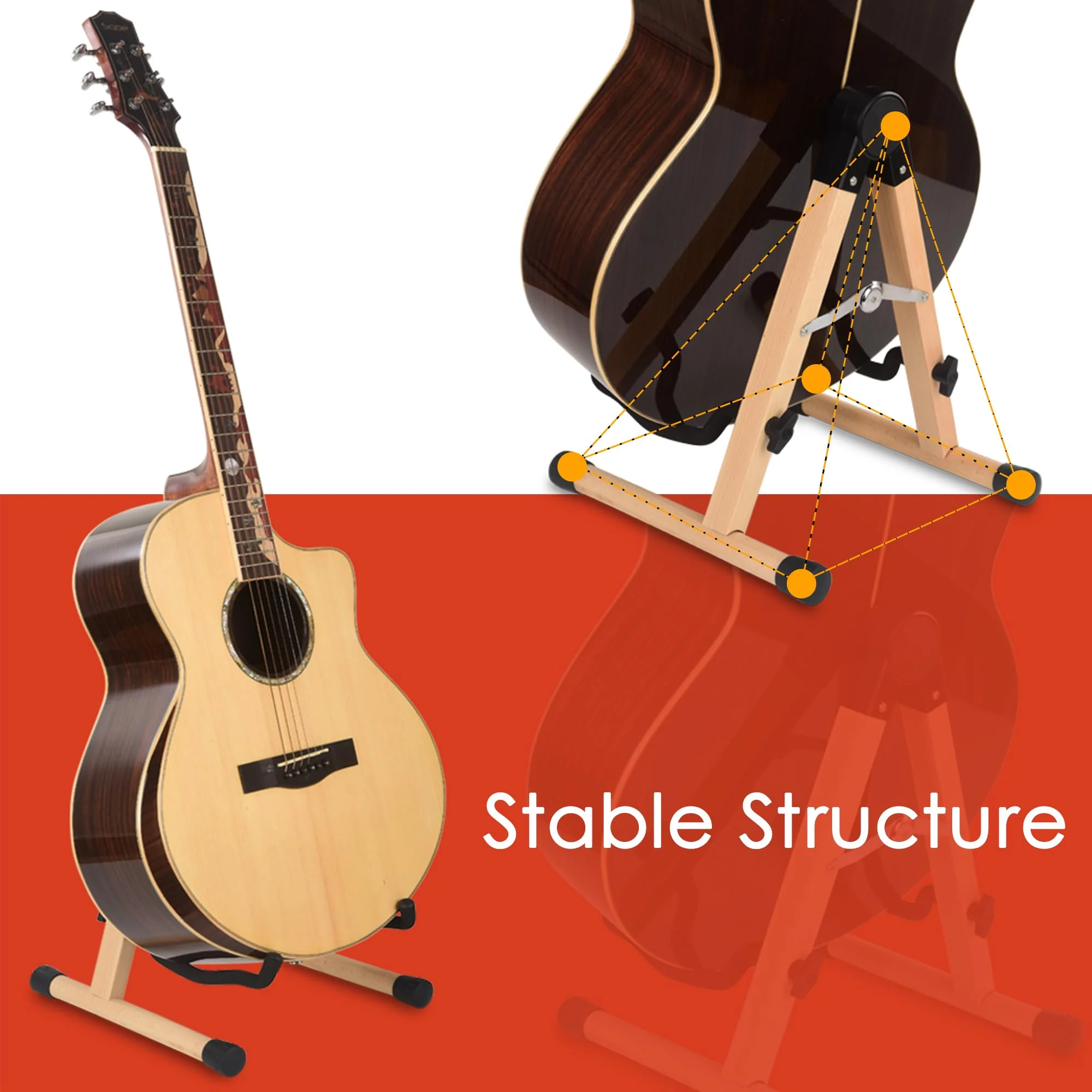 WOTLLA® Guitar Stand, Guitar Stands Floor with Sponges A Frame Folding Guitar Stand for Guitars Bass Cello Mandolin Banjo, Gifts for Guitar Players Beech Wood - Image 5