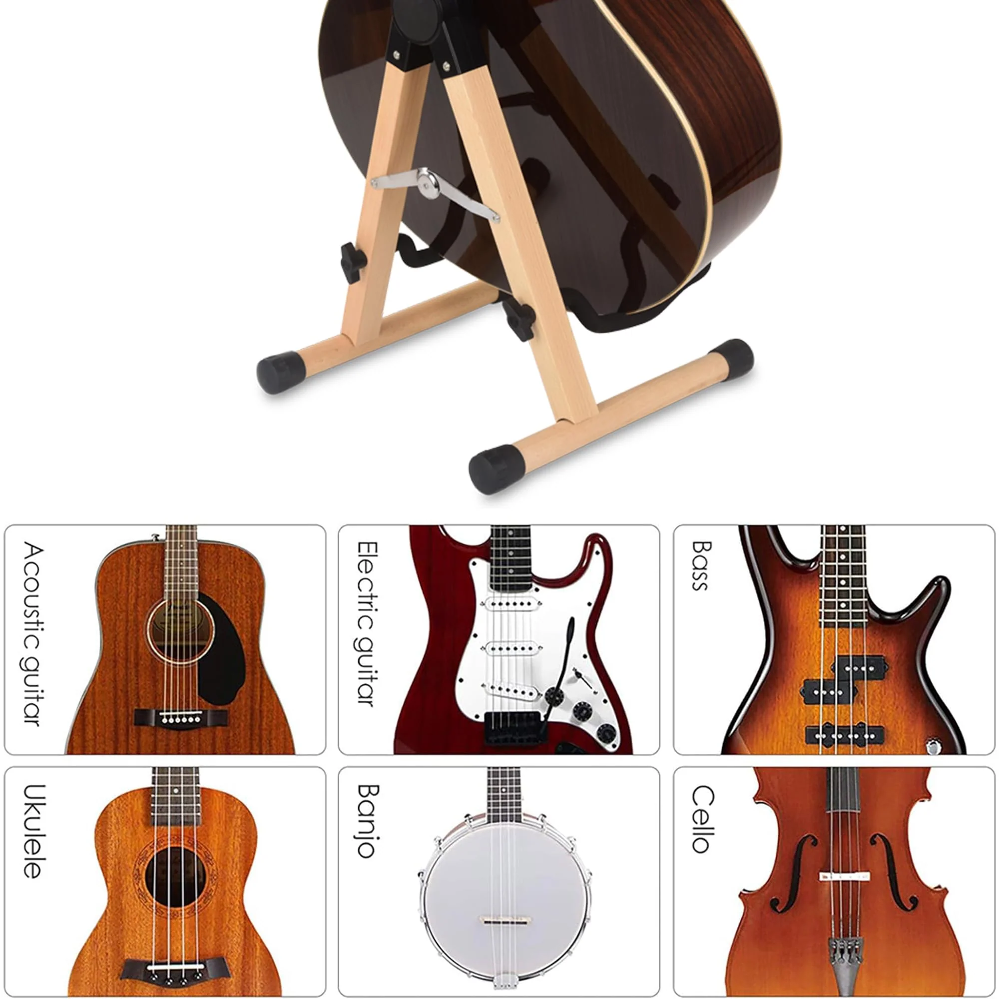 WOTLLA® Guitar Stand, Guitar Stands Floor with Sponges A Frame Folding Guitar Stand for Guitars Bass Cello Mandolin Banjo, Gifts for Guitar Players Beech Wood - Image 6