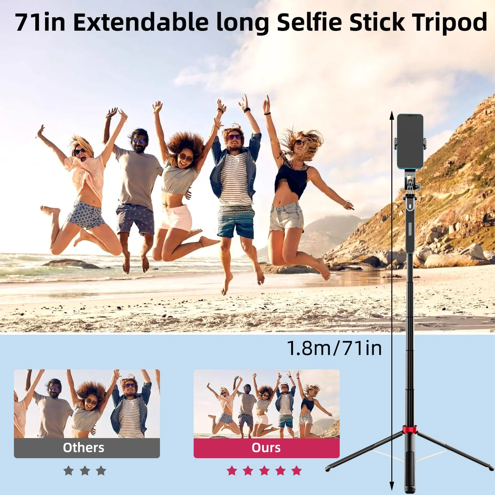 WOVTE 71" Selfie Stick Tripod with 2 Lights, Extendable Tripod for iPhone, Selfie Stick Tripod Stand with Remote, Portable Phone Tripod for Cell Phone Compatible with iPhone/Android, Gopro - Image 4