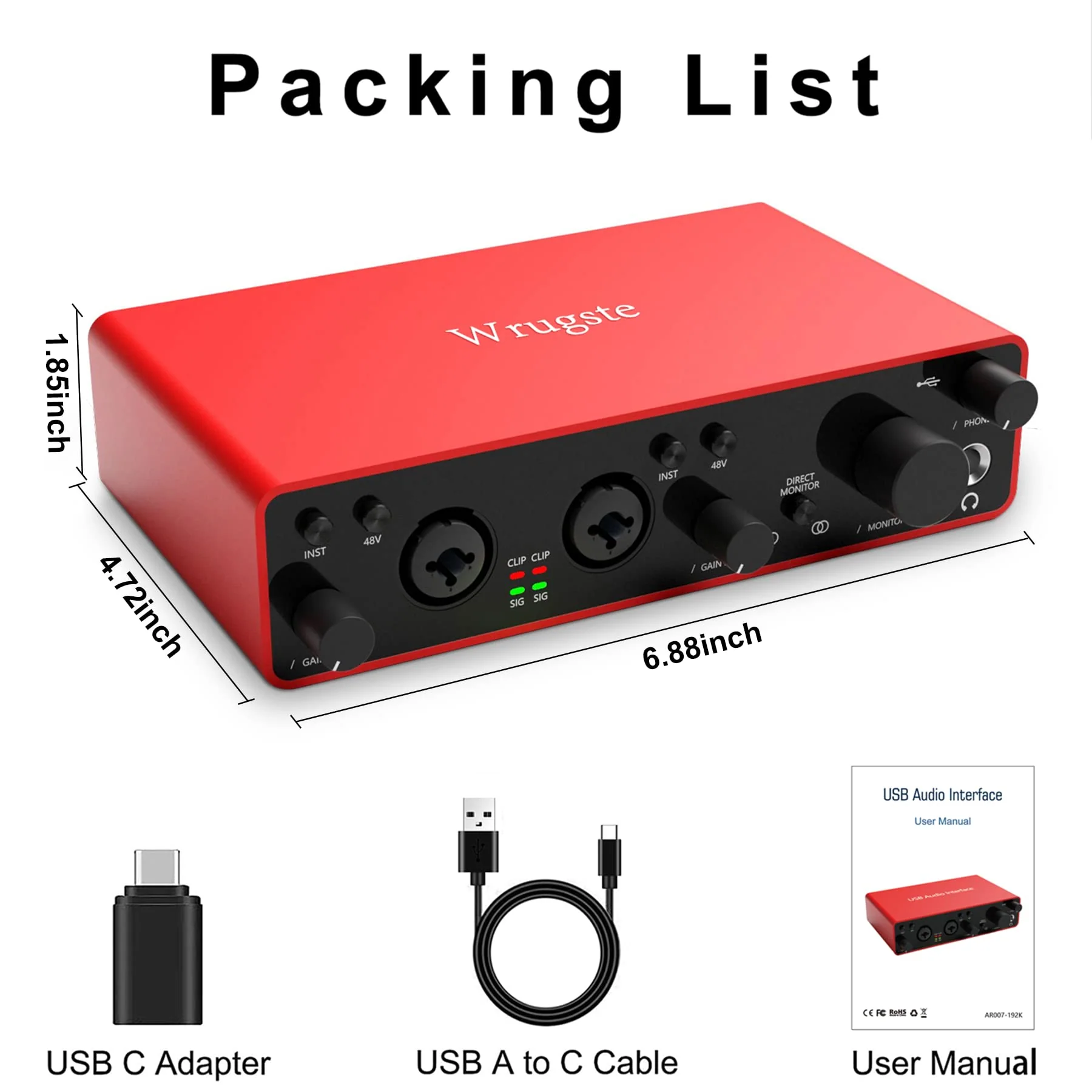 Wrugste Audio Interface for Recording Podcasting and Streaming Ultra-low Latency Plug&Play Noise-Free XLR Audio Interface(24Bit/192kHz)+48V Phantom Power for PC - Image 3