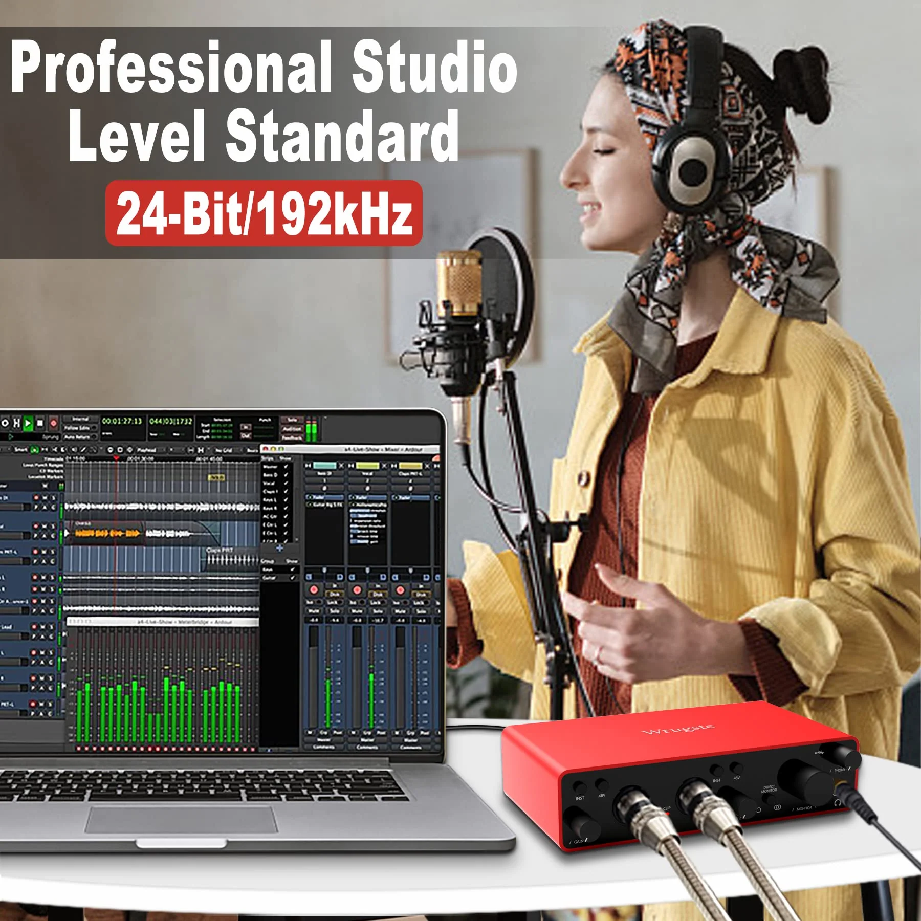 Wrugste Audio Interface for Recording Podcasting and Streaming Ultra-low Latency Plug&Play Noise-Free XLR Audio Interface(24Bit/192kHz)+48V Phantom Power for PC - Image 6