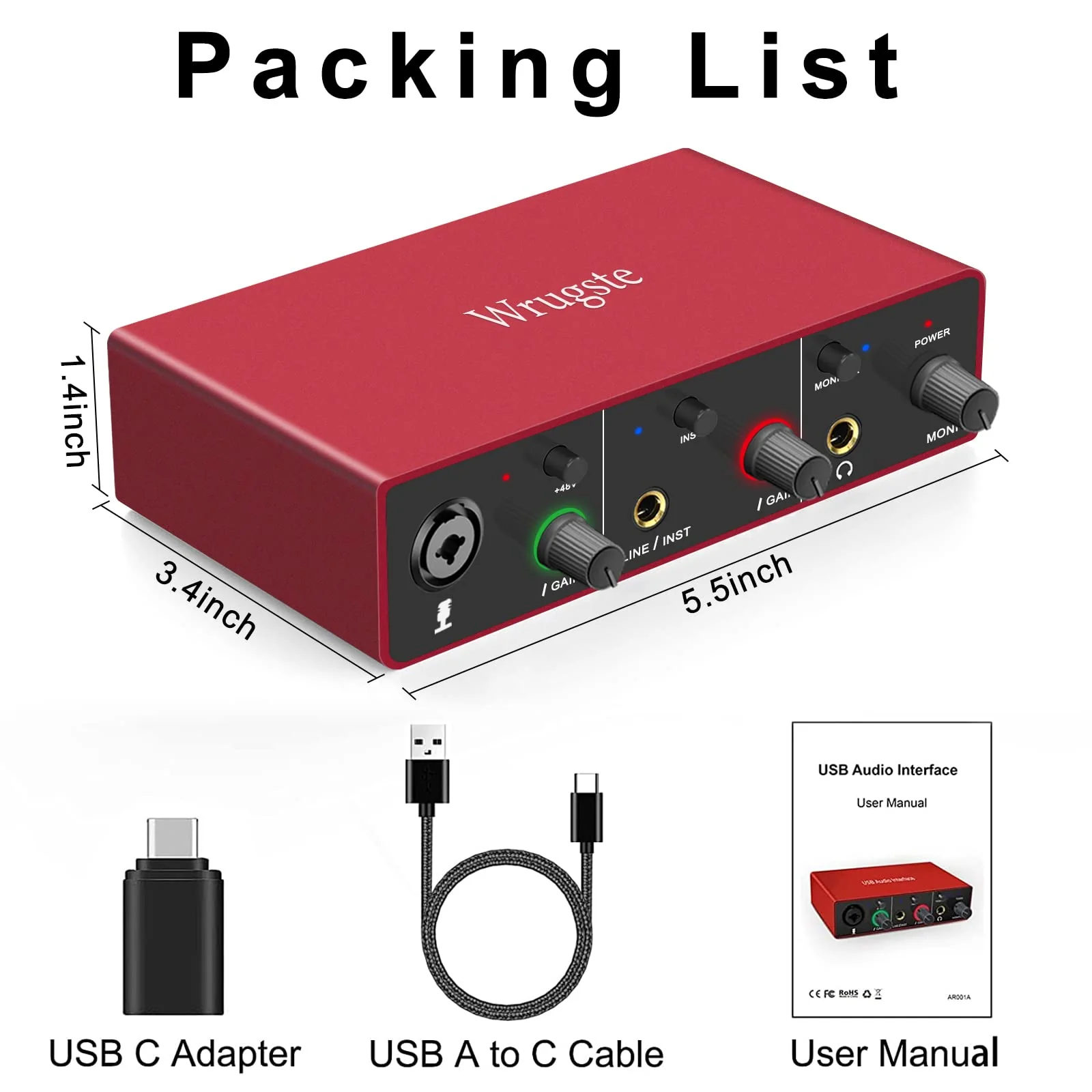 Wrugste USB Audio Interface Solo(24Bit/192kHz)+48V Phantom Power for Computer Recording Podcasting and Streaming Plug and Play Noise-Free Wrugste XLR Audio Interface for PC No Software Included - Image 6