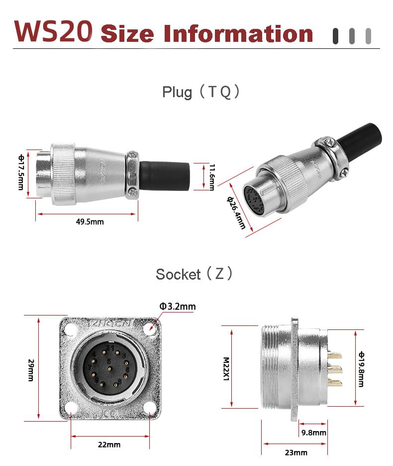 WS20 Waterproof IP67 Aviation WEIPU Connector Plug Socket M20 Square Panel Mount Electrical Power Metal Thread Connector for Industrial Signal LED (Male Plug and Female Socket, 12Pin 5A) Male Plug and Female Socket - Image 5