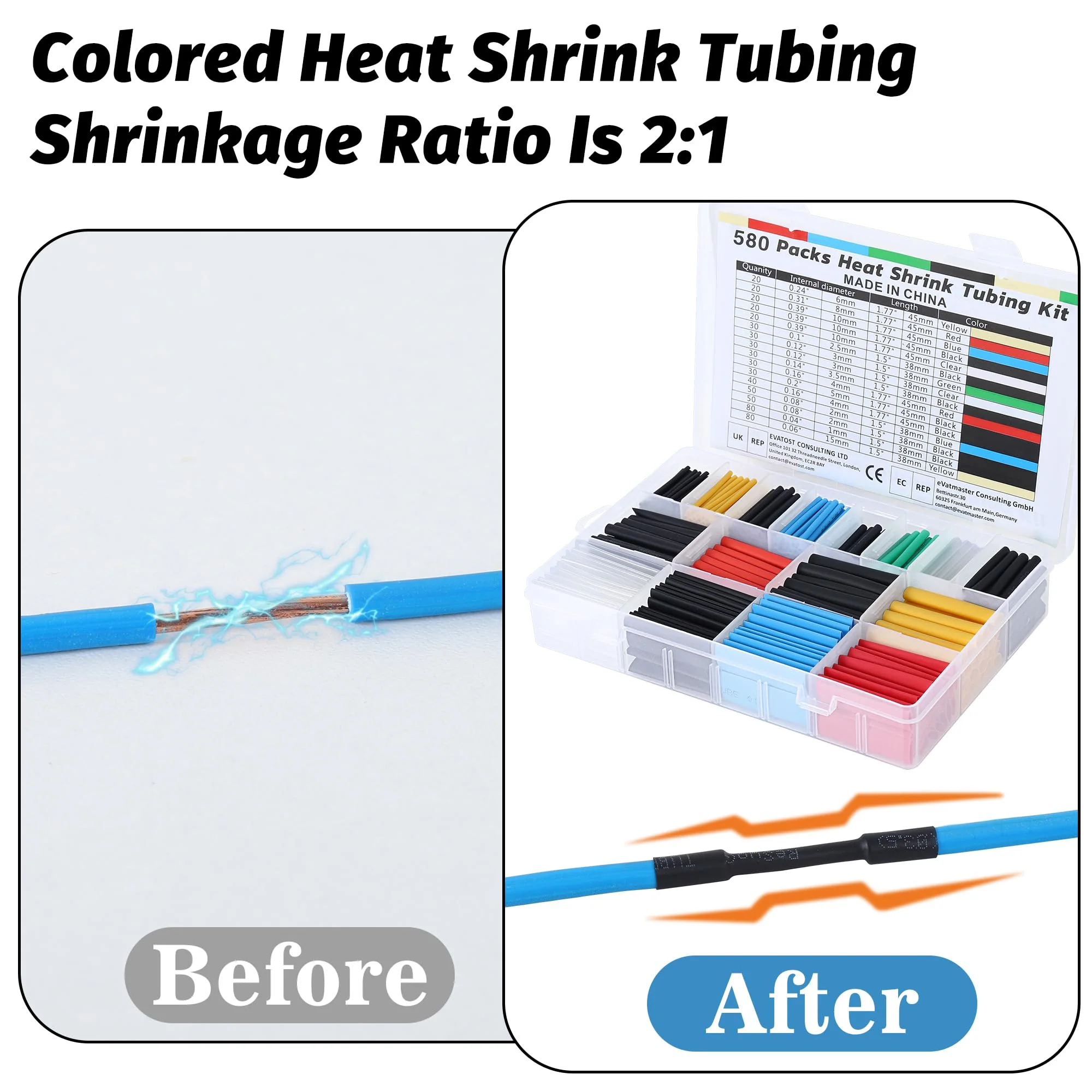 WUFANC Heat Shrink Tubing Set, 580 Pieces, Heat Shrink Tubes, Coloured Includes 6 Colours and 11 Sizes, 2:1 Shrink Ratio, Heat Shrink Tube, Waterproof, Suitable for Cable Insulation, Protect - Image 2