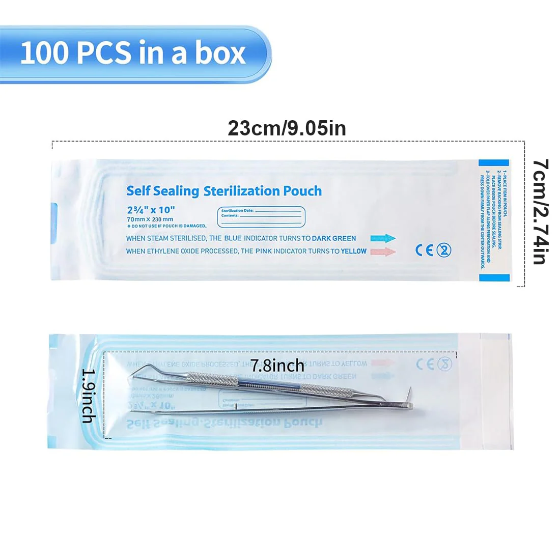 WUSJCOF 100 Sterile Bags for Autoclave, Self-Adhesive Bags for Disinfecting, Sterilisation Bags for Nail Salon, Used for Dental Instruments and Nail Care, 70 x 230 mm - Image 2