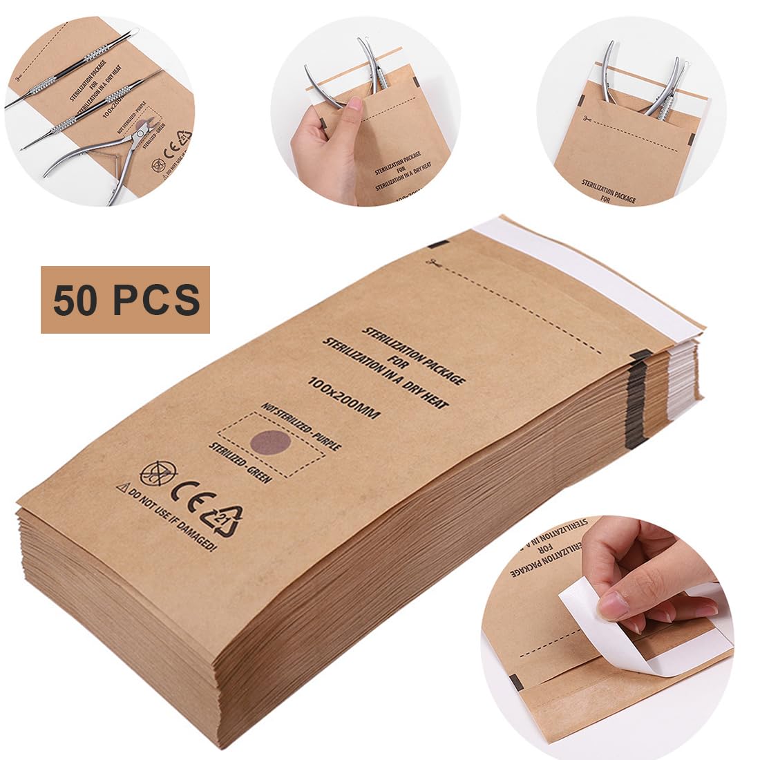 WUSJCOF Autoclave Sterilization Bags, Manicure Sterilization Bags, Self-Adhesive Paper Bags for Disinfecting Nail Tools, 100 x 200 mm, Pack of 50 - Image 3
