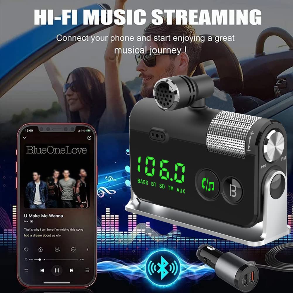 WYYHAA Bluetooth Car Adapter, Blutu para Carros with 2 Microphones & QC3.0 +Type-C PD 18W HiFi Bass Supports Hands-Free Calling, Siri Google Assistant, TF Card AUX Output Silver - Image 2