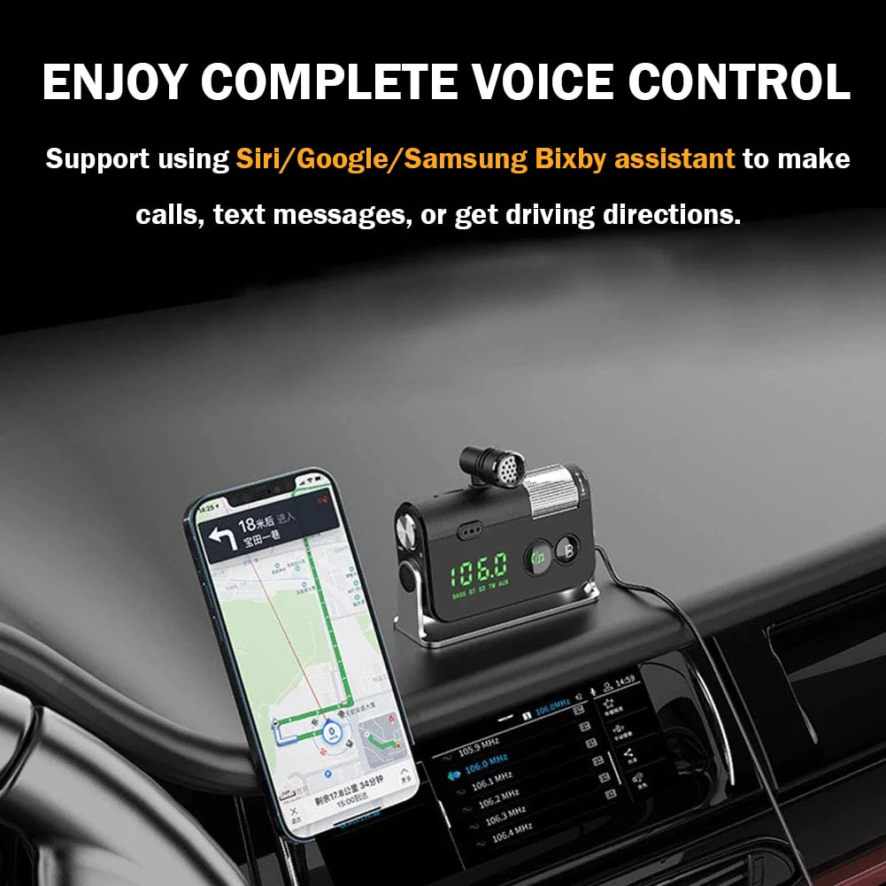 WYYHAA Bluetooth Car Adapter, Blutu para Carros with 2 Microphones & QC3.0 +Type-C PD 18W HiFi Bass Supports Hands-Free Calling, Siri Google Assistant, TF Card AUX Output Silver - Image 5