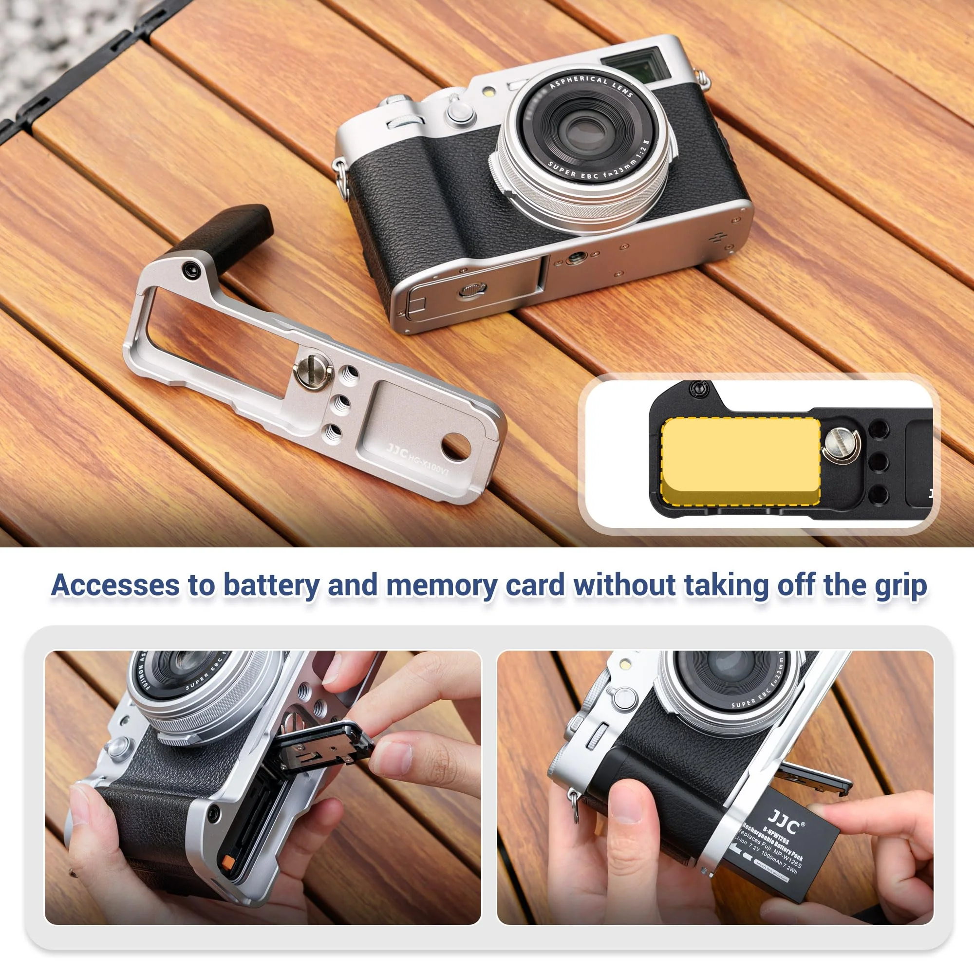 X100VI Handgrip,Metal Hand Grip L-Shape Bracket for FUJIFILM X100VI Only, X100VI Baseplate Holder with Quick Release Plate for Arca,Extra 1/4"-20 Tripod Hole & Hand Strap Hole Silver(Not Fits X100V) - Image 4