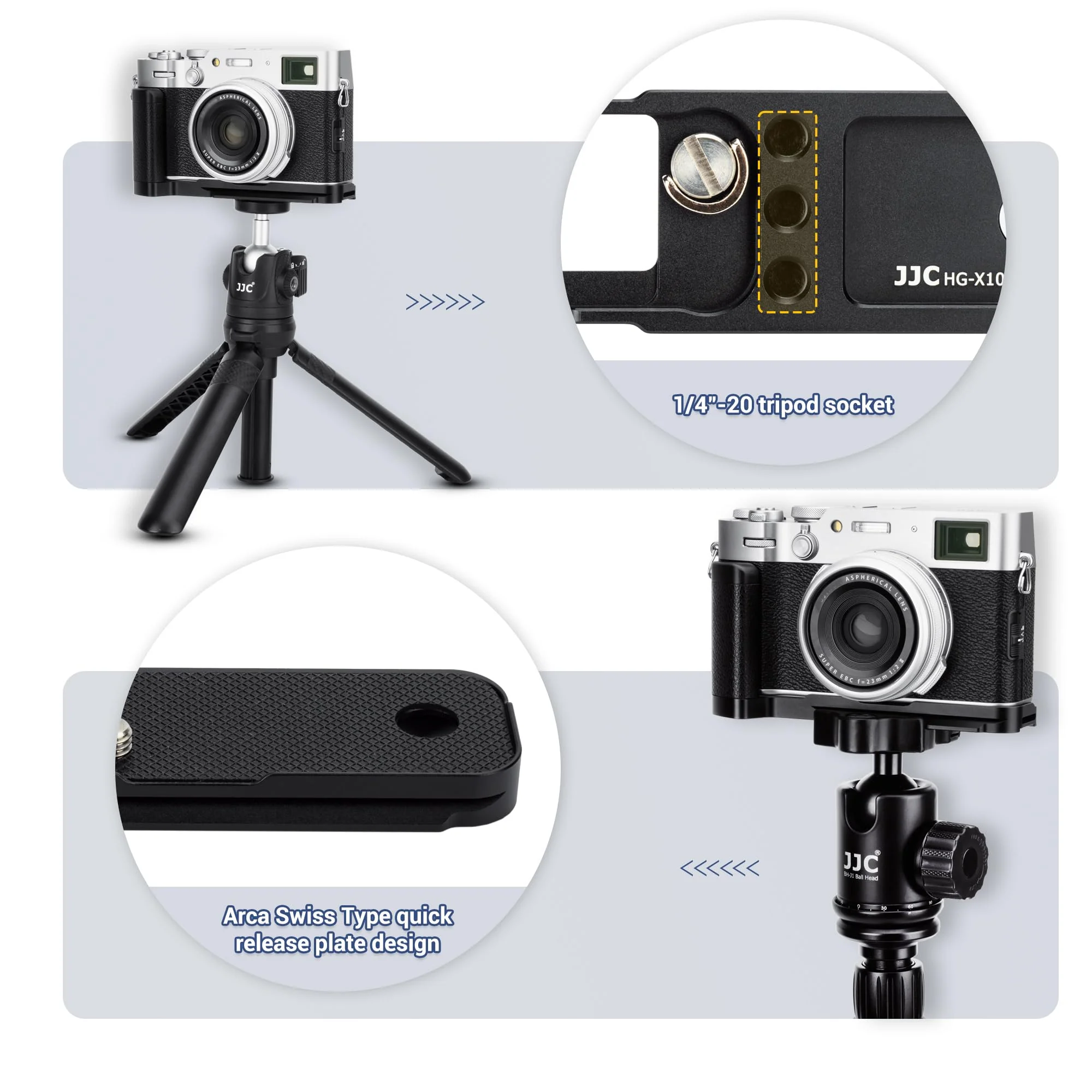 X100VI Handgrip,Metal Hand Grip L-Shape Bracket for FUJIFILM X100VI Only, X100VI Baseplate Holder with Quick Release Plate for Arca,Extra 1/4"-20 Tripod Hole & Hand Strap Hole Silver(Not Fits X100V) - Image 5