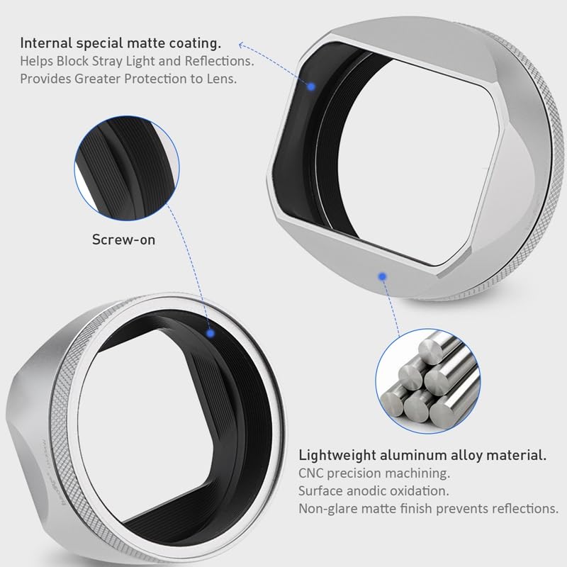 X100VI Square Metal Lens Hood for Fujifilm Fuji X100VI Camera Silver with 49mm UV Filter Adapter Ring Haoge LH-X54W - Image 6