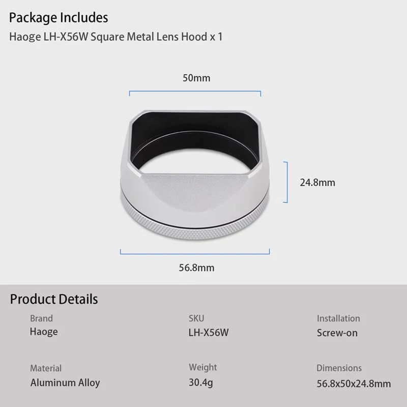X100VI Square Metal Lens Hood for Fujifilm Fuji X100VI Camera Silver with 49mm UV Filter Adapter Ring Haoge LH-X54W - Image 9