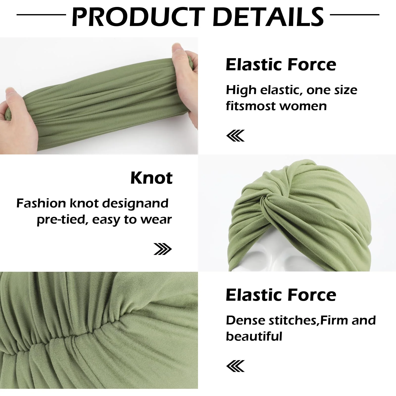 XEPST 4 Pieces Turbans for Women, Soft Pre Tied Knot Turban Head Wraps Chemo Headwear Pleated Beanie Cap Sleep Hat One Size Black, Grey, Yellow, Green - Image 3