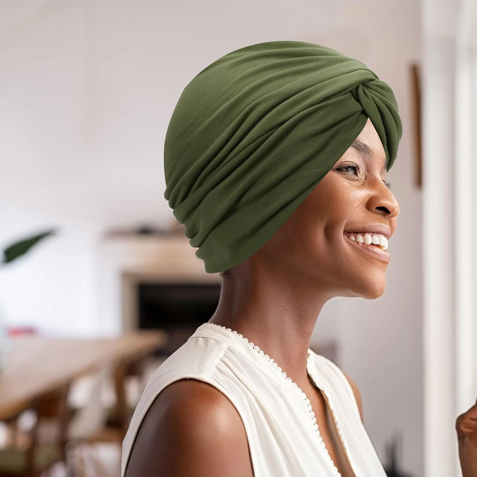 XEPST 4 Pieces Turbans for Women, Soft Pre Tied Knot Turban Head Wraps Chemo Headwear Pleated Beanie Cap Sleep Hat One Size Black, Grey, Yellow, Green - Image 4
