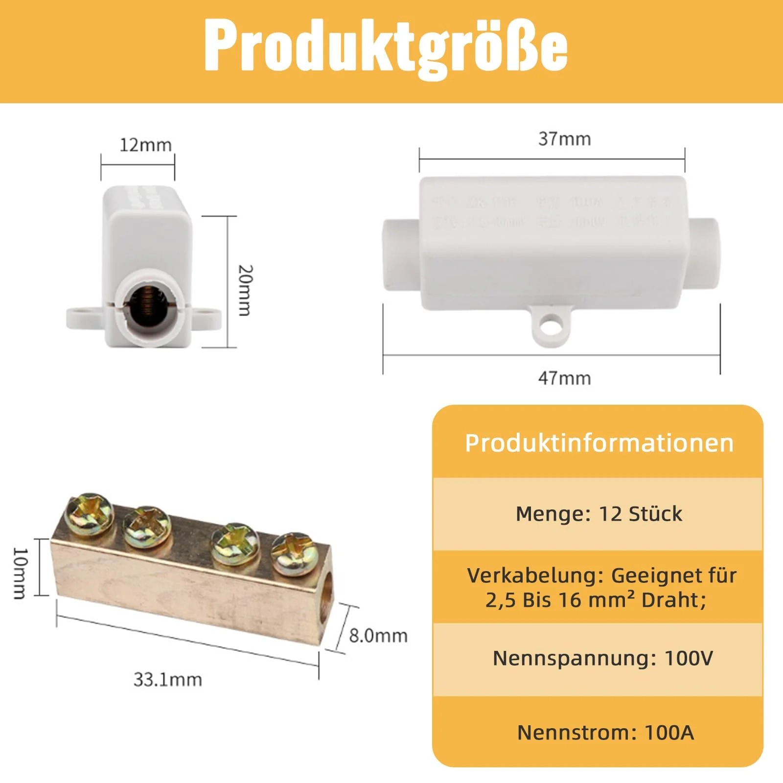 Xerteam 12 Pairs of Wire Connectors, Butt Connectors Made of Brass Double Screws Suitable for 2.5 to 16 mm² Wire, ABS Housing High Performance Connection Clamp (1000 V 100 A) - Image 2