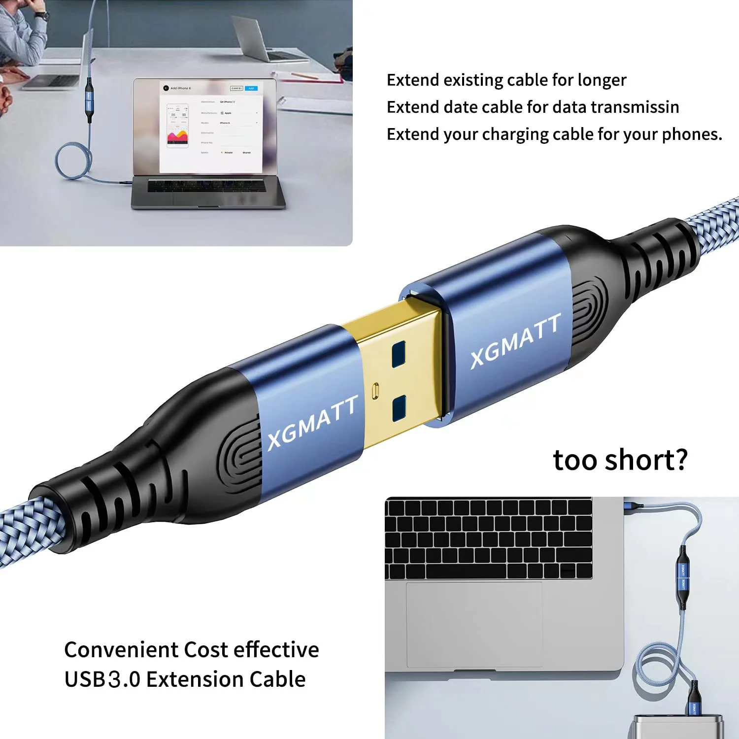XGMATT USB Extension Cable 2 Pieces 2 m, USB 3.0 Extension Cable A Male to A Female with Elegant Aluminium Connectors, Nylon Fabric Sheath for Card Reader, Keyboard, Printer, Scanner, Camera 2-blue - Image 4