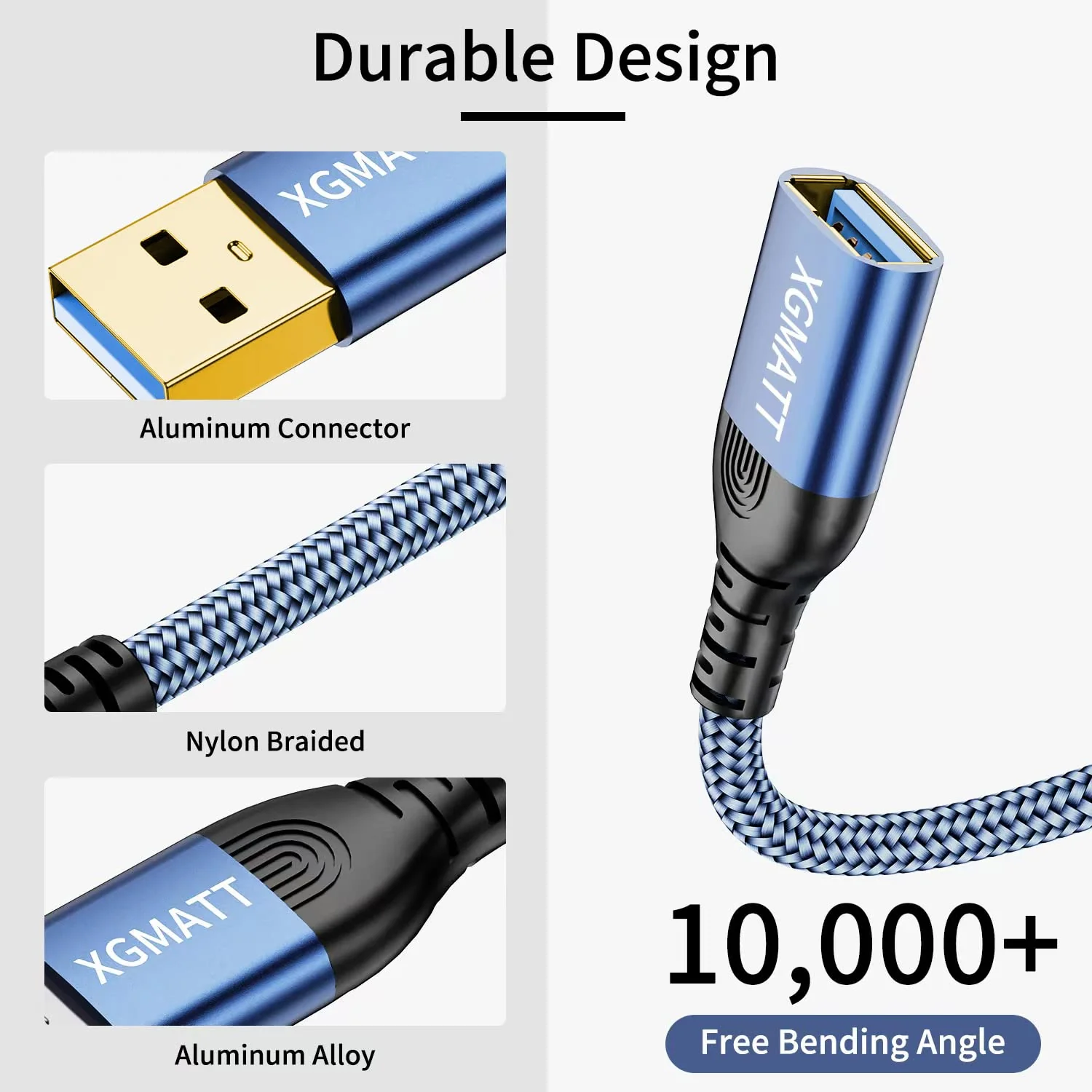 XGMATT USB Extension Cable 2 Pieces 2 m, USB 3.0 Extension Cable A Male to A Female with Elegant Aluminium Connectors, Nylon Fabric Sheath for Card Reader, Keyboard, Printer, Scanner, Camera 2-blue - Image 5