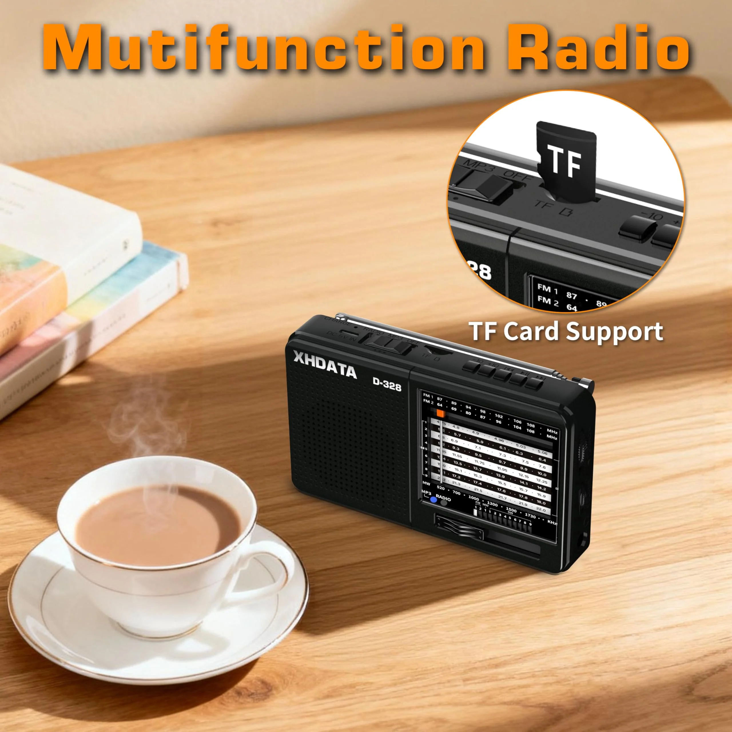 XHDATA D-328 Shortwave AM FM DSP Portable Small Multi Band Radio Stereo MP3 Player with Rechargeable Battery Earphone Jack Portable Multimedia Speaker with USB Micro SD Card Jack (Black) Glossy Black - Image 4