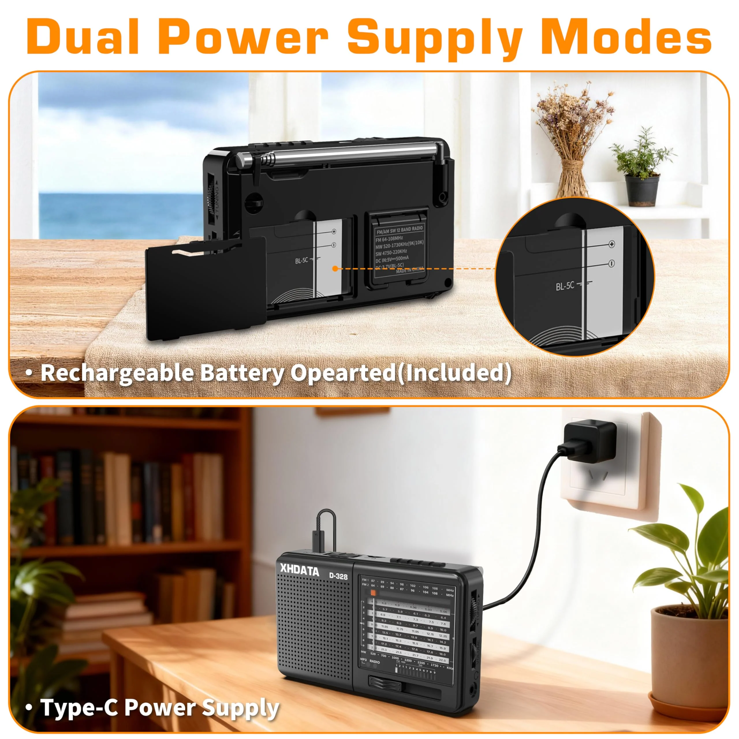 XHDATA D-328 Shortwave AM FM DSP Portable Small Multi Band Radio Stereo MP3 Player with Rechargeable Battery Earphone Jack Portable Multimedia Speaker with USB Micro SD Card Jack (Black) Glossy Black - Image 6