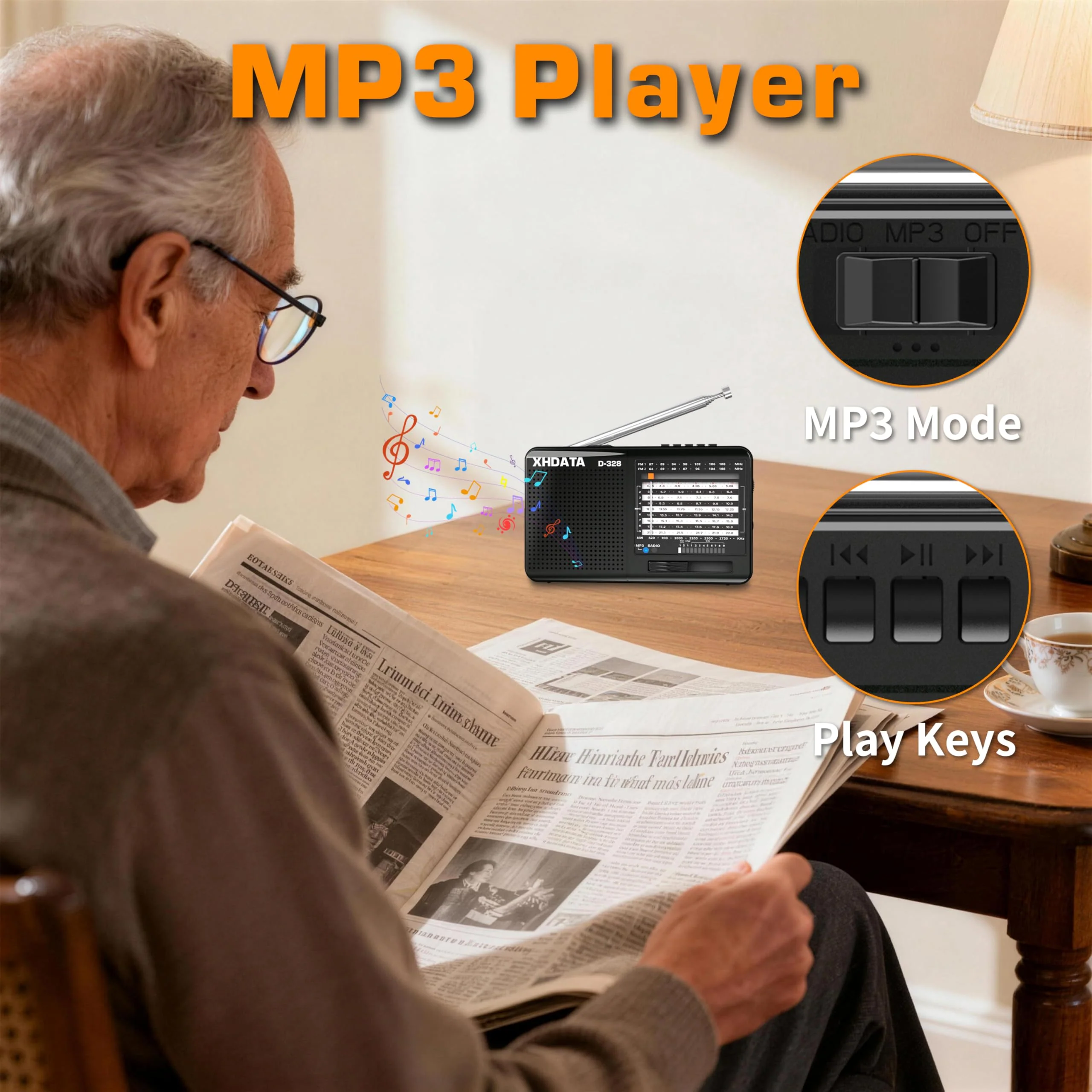 XHDATA D-328 Shortwave AM FM DSP Portable Small Multi Band Radio Stereo MP3 Player with Rechargeable Battery Earphone Jack Portable Multimedia Speaker with USB Micro SD Card Jack (Black) Glossy Black - Image 7