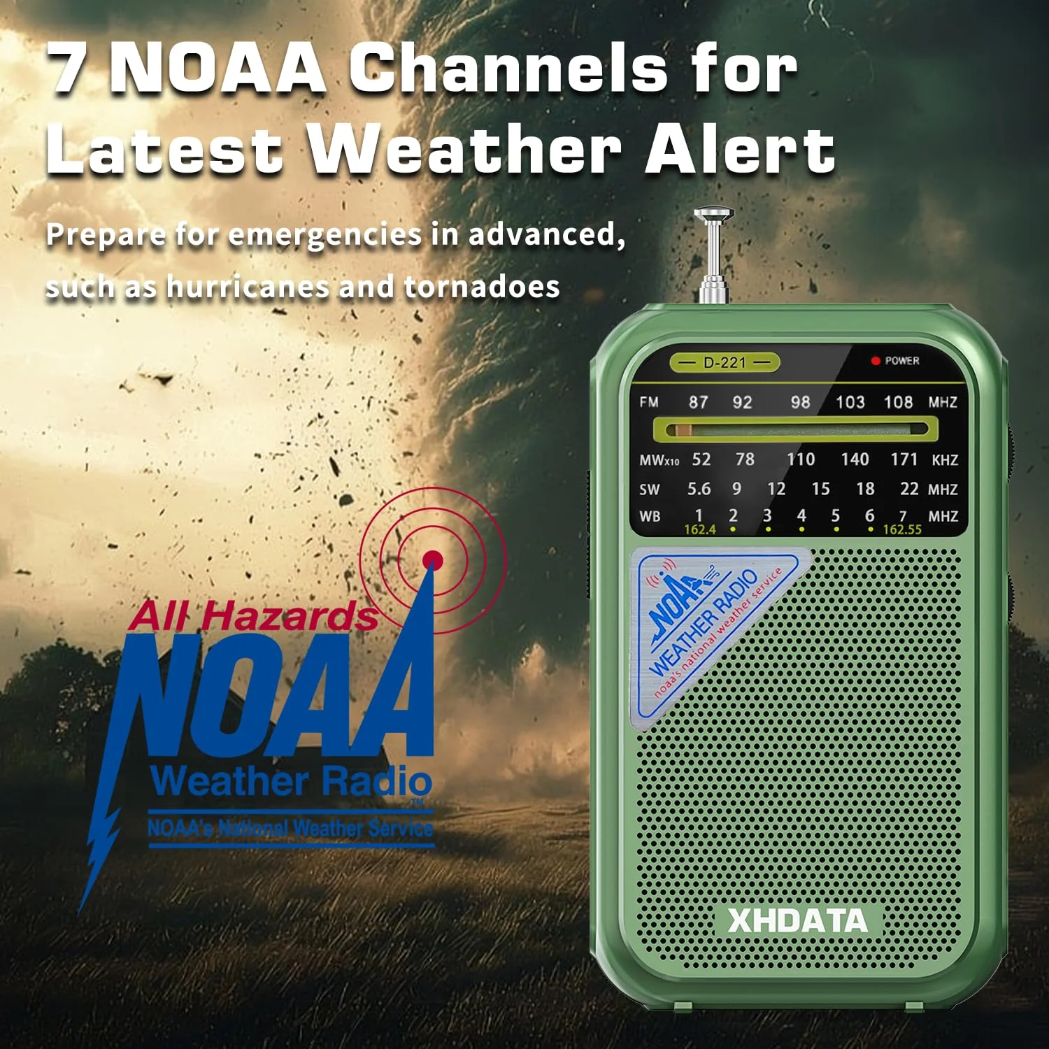 XHDATA D221 NOAA Weather Radio Portable AM FM Shortwave Radio Receiver, 2 AA Battery Operated, Transistor Radio with Excellent Reception for Gift, Family, Elder (Green) Green - Image 2