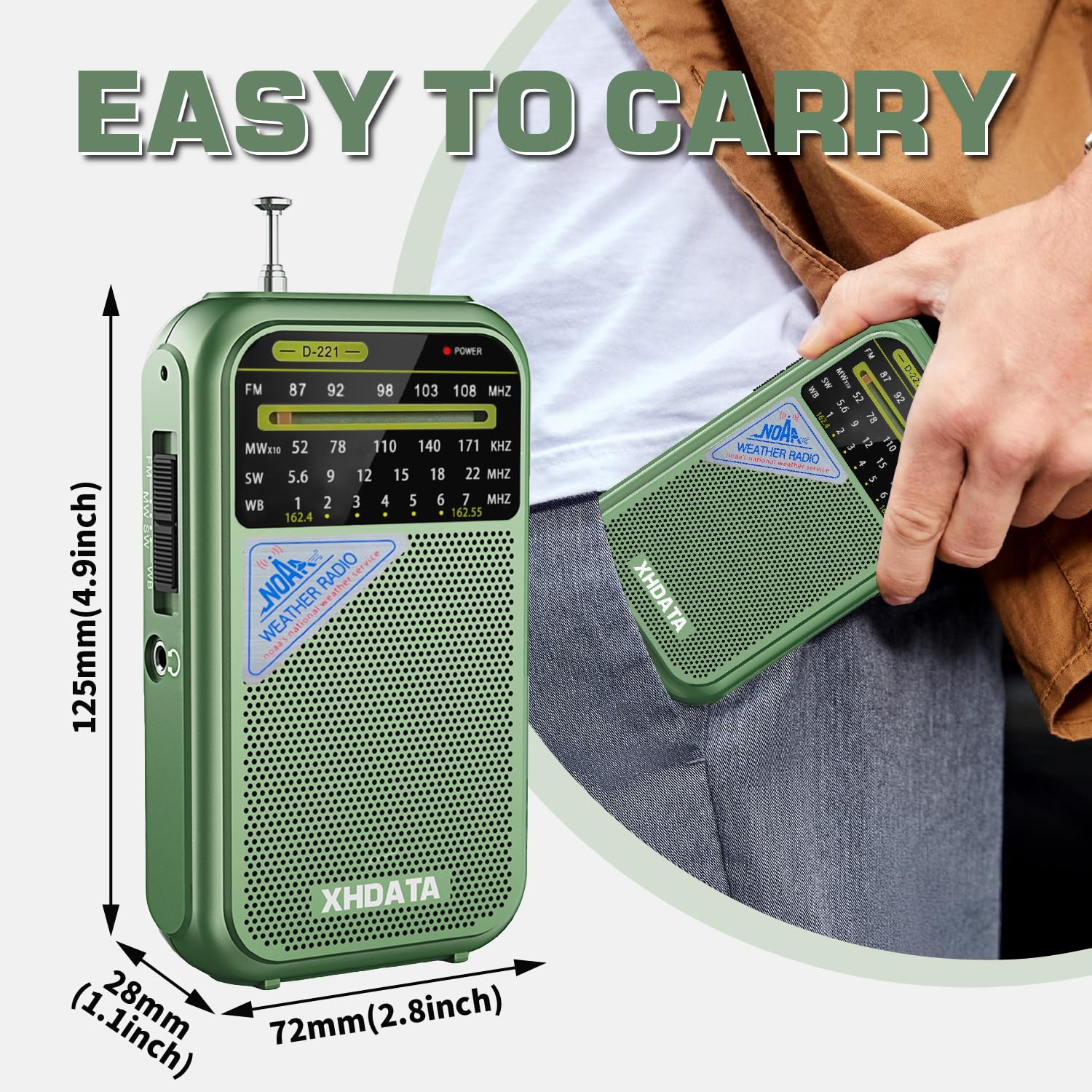 XHDATA D221 NOAA Weather Radio Portable AM FM Shortwave Radio Receiver, 2 AA Battery Operated, Transistor Radio with Excellent Reception for Gift, Family, Elder (Green) Green - Image 3