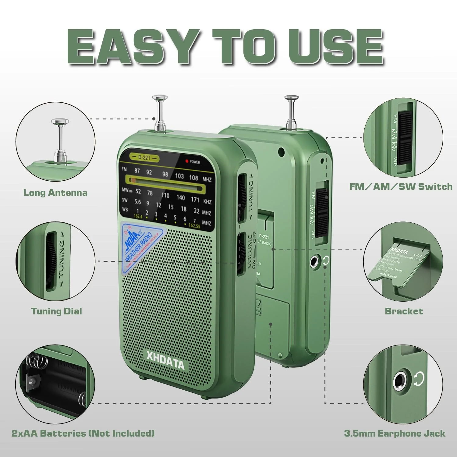XHDATA D221 NOAA Weather Radio Portable AM FM Shortwave Radio Receiver, 2 AA Battery Operated, Transistor Radio with Excellent Reception for Gift, Family, Elder (Green) Green - Image 5