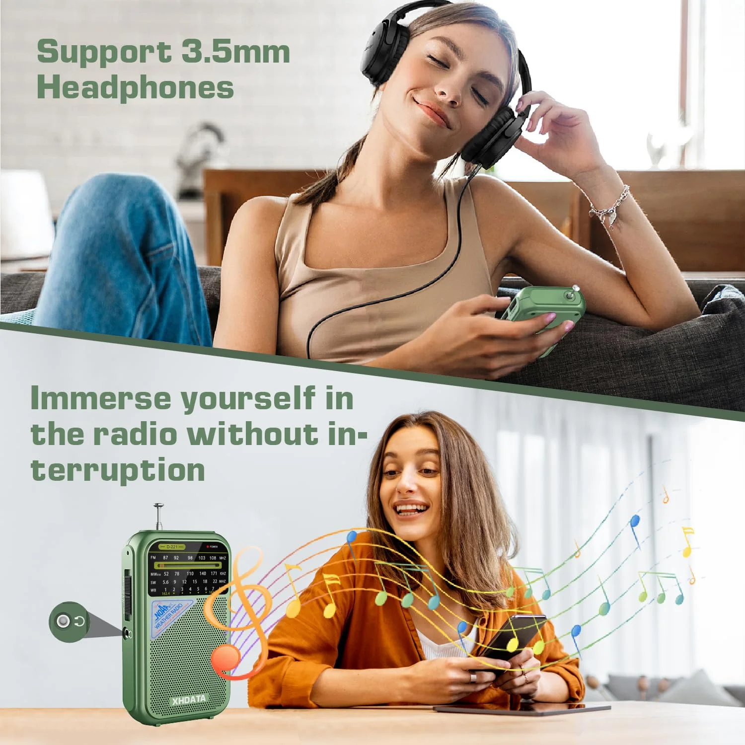 XHDATA D221 NOAA Weather Radio Portable AM FM Shortwave Radio Receiver, 2 AA Battery Operated, Transistor Radio with Excellent Reception for Gift, Family, Elder (Green) Green - Image 6