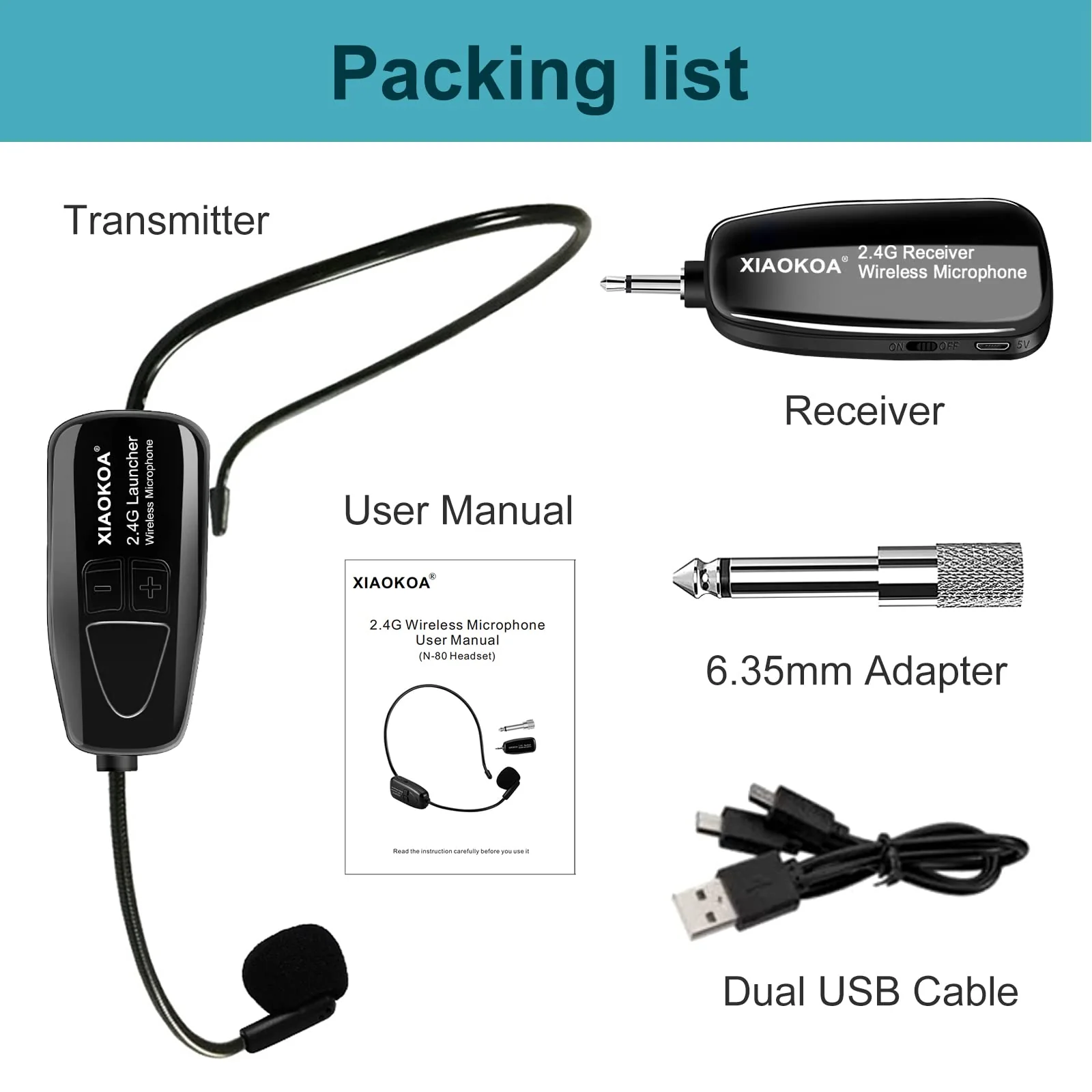 XIAOKOA 2.4G Wireless Microphone Headset, 50m Stable Transmission, Dual Micro USB Charging, Compatible with PA Systems - Image 7