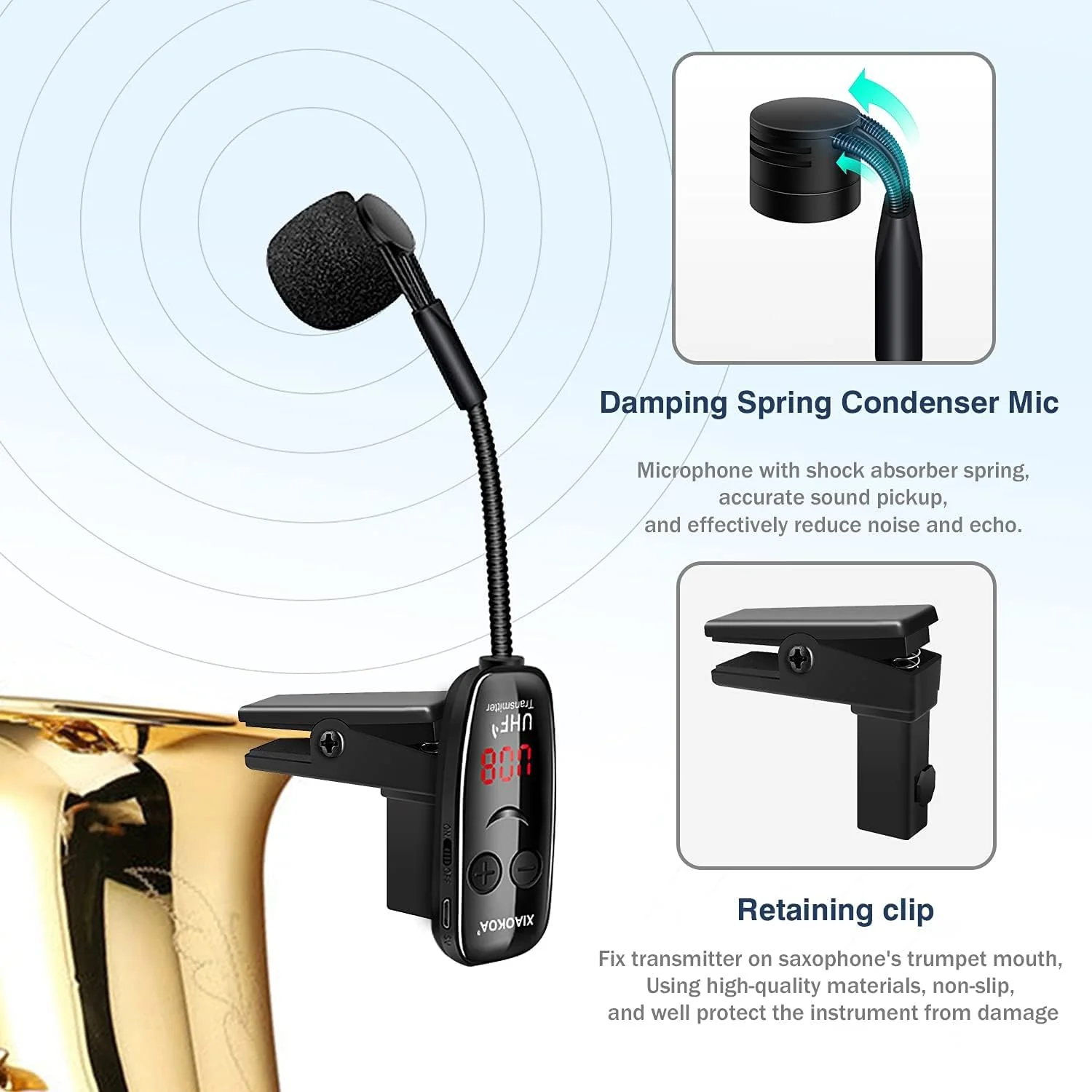 XIAOKOA Wireless Microphone for Saxophone, UHF Wireless Microphone for Musical Instruments, Wireless Receiver and Transmitter for Saxophone/Trumpet/Trombone/Clarinet - Image 2