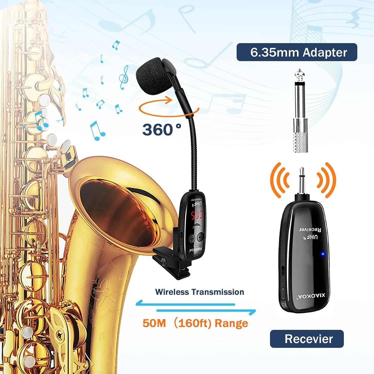 XIAOKOA Wireless Microphone for Saxophone, UHF Wireless Microphone for Musical Instruments, Wireless Receiver and Transmitter for Saxophone/Trumpet/Trombone/Clarinet - Image 3