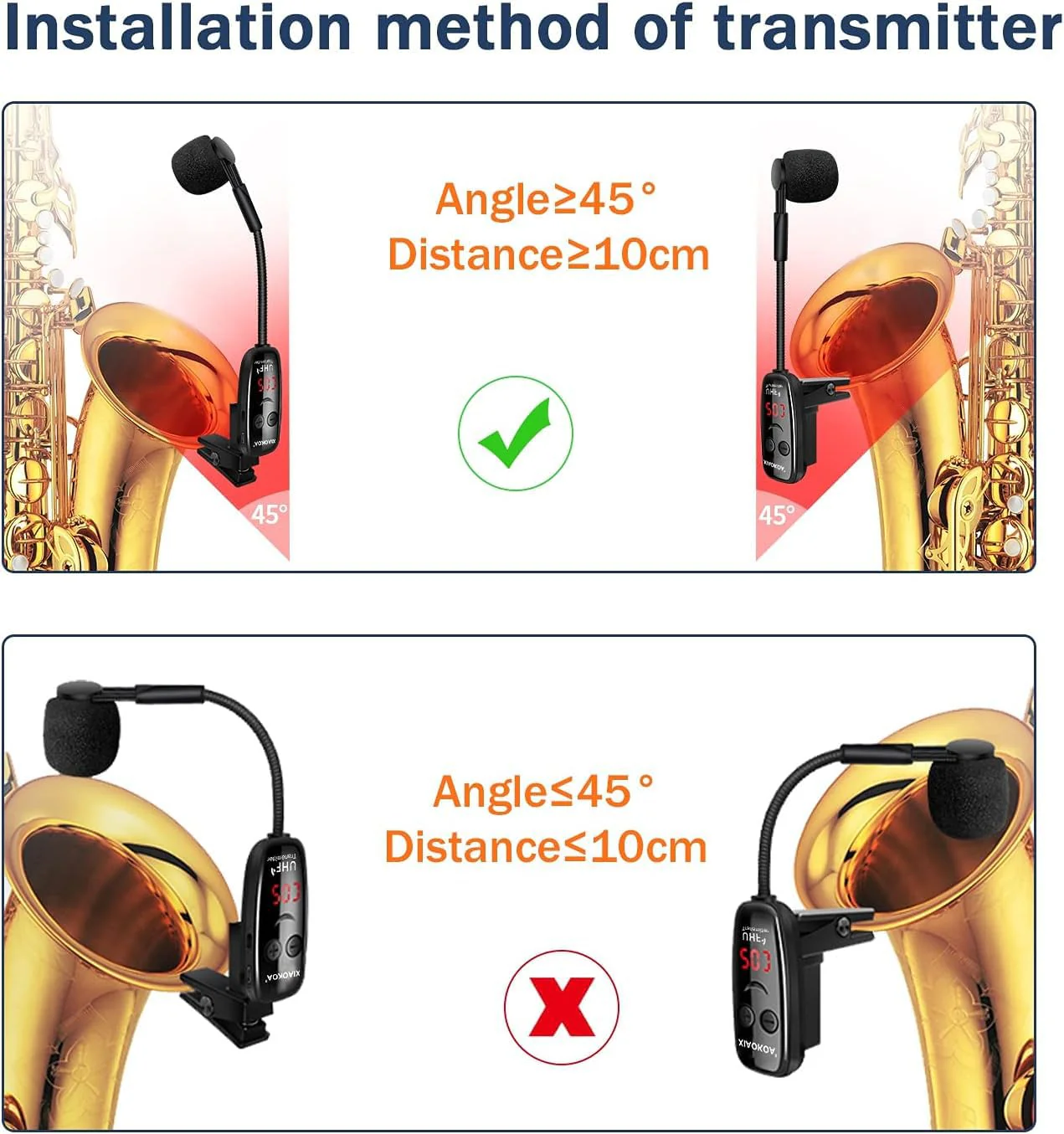 XIAOKOA Wireless Microphone for Saxophone, UHF Wireless Microphone for Musical Instruments, Wireless Receiver and Transmitter for Saxophone/Trumpet/Trombone/Clarinet - Image 5