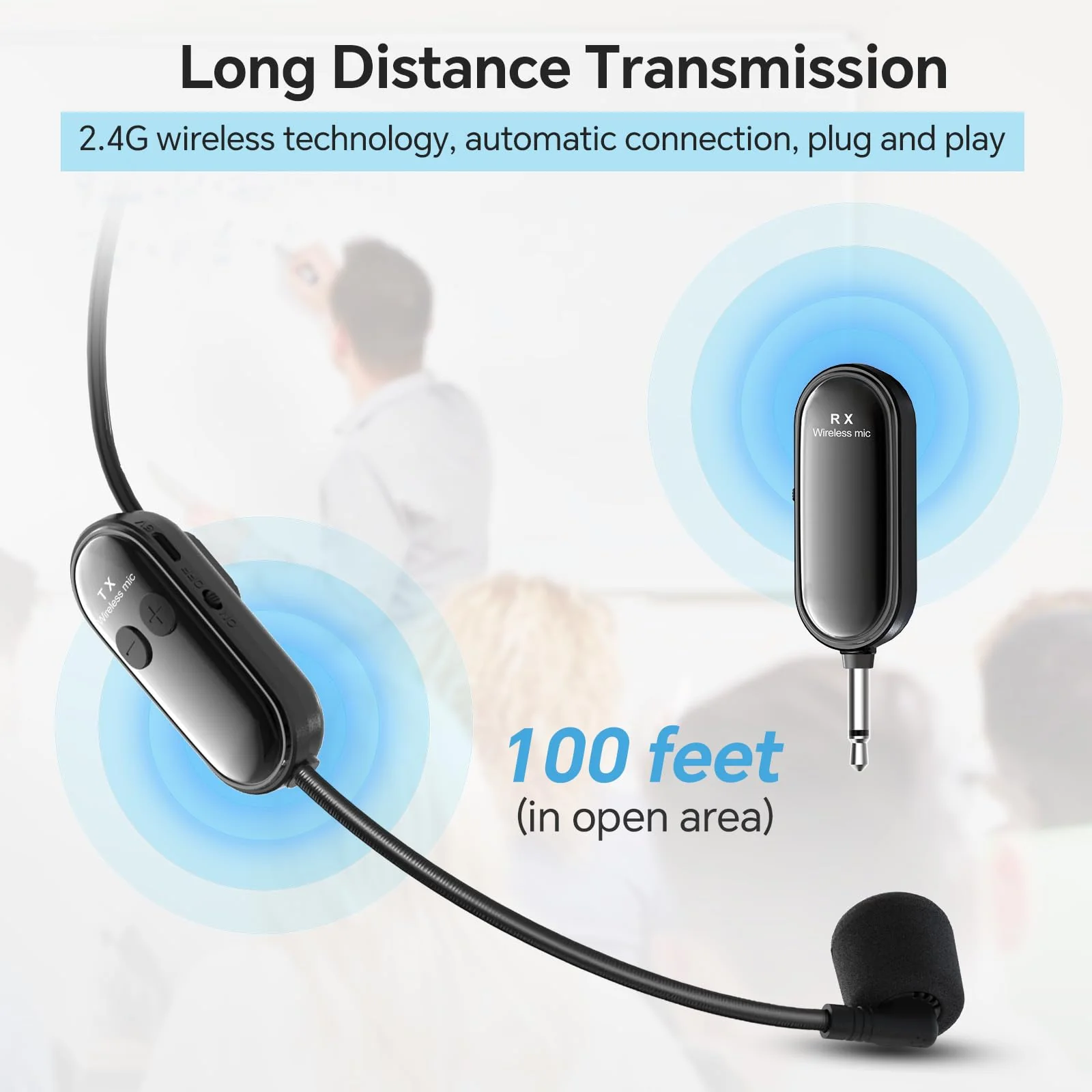 XIAOKOA Wireless Microphone Headset, 2.4G Head Microphones System, USB-C Charging, 100 Feet Range, for Teaching Fitness Instructor Tour Guide - Image 2