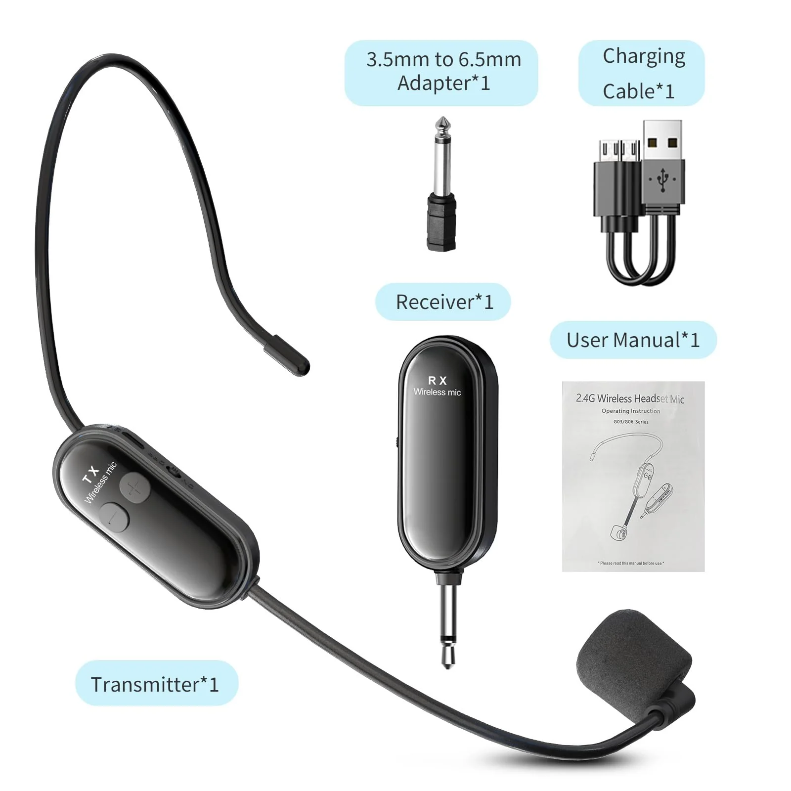 XIAOKOA Wireless Microphone Headset, 2.4G Head Microphones System, USB-C Charging, 100 Feet Range, for Teaching Fitness Instructor Tour Guide - Image 6