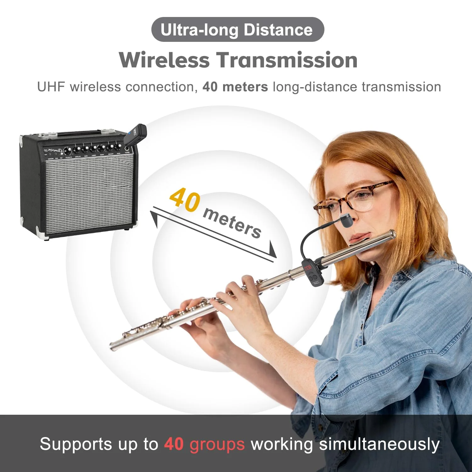 XIAOKOA Wireless Microphone,UHF Wind Instrument Clip Microphones,Rechargeable Receiver and Transmitter Mic System,130ft Range with Digital Screen,Great for Flute, Piccolo, Clarinet - Image 2