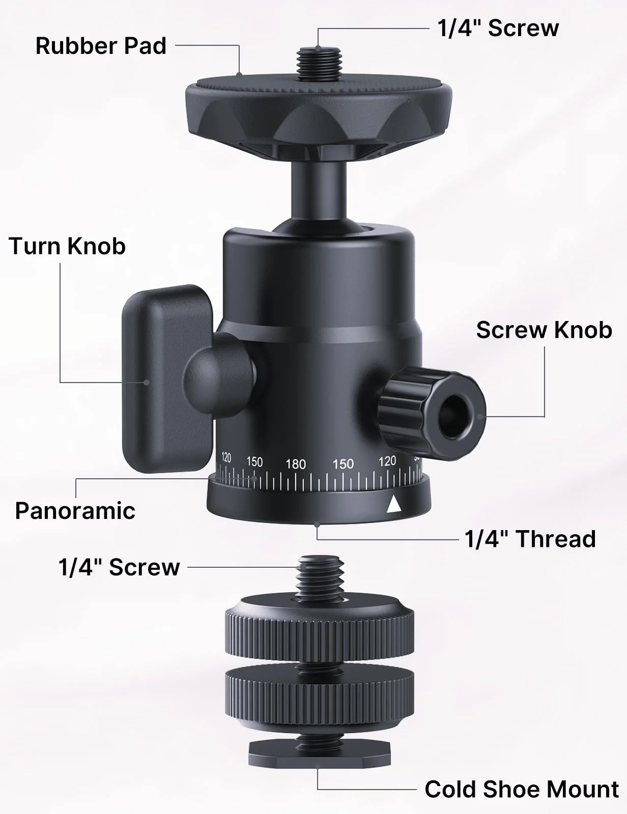 XIAOTJ Mini Ball Head with Hot Shoe Mount Adapter, Metal 360° Rotating Panoramic Tripod Head with 1/4" Screw, for Monitor/LED Light/Action Cameras/Phone Holder Attach DSLR Camera Cage Cold Shoe Mount - Image 2