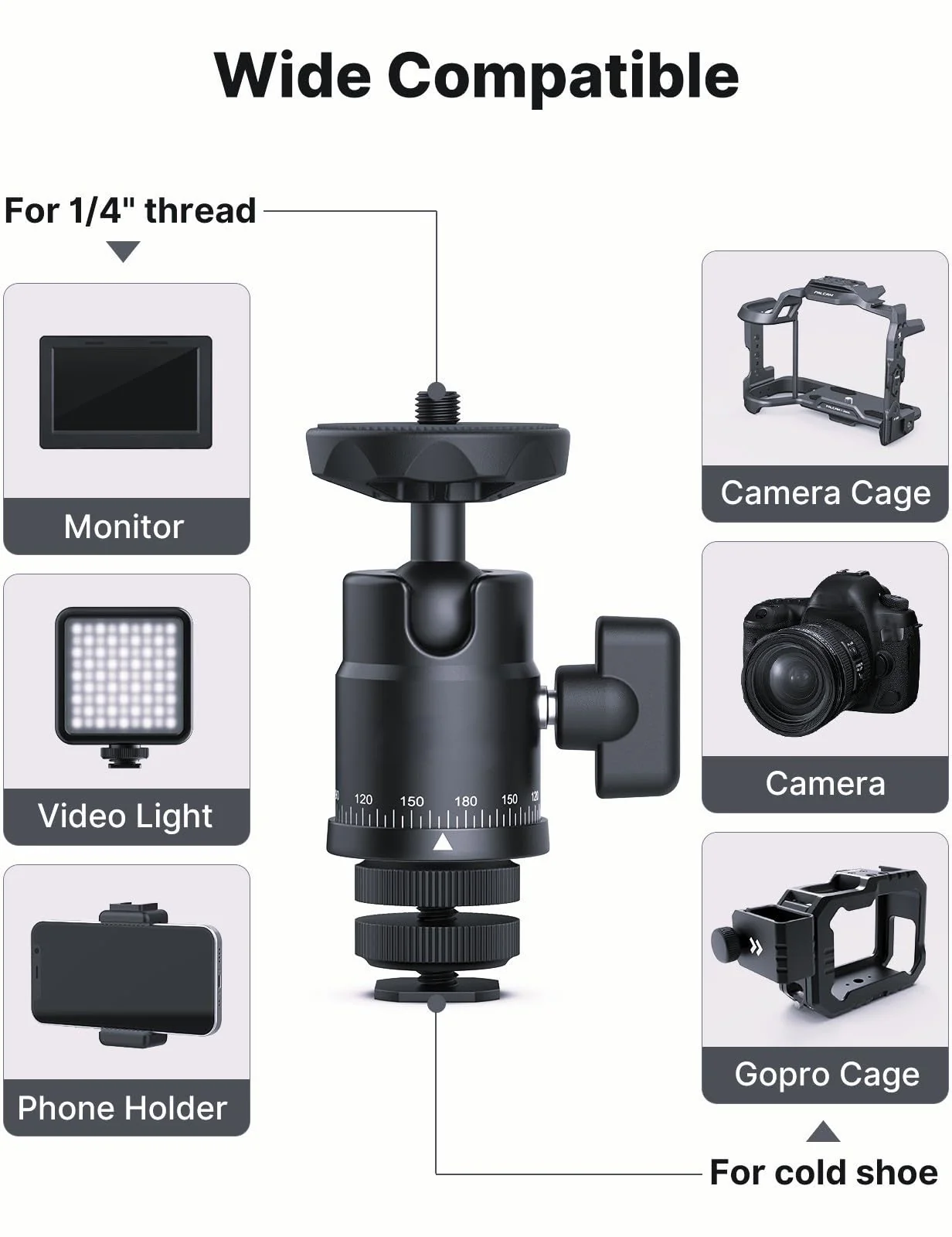 XIAOTJ Mini Ball Head with Hot Shoe Mount Adapter, Metal 360° Rotating Panoramic Tripod Head with 1/4" Screw, for Monitor/LED Light/Action Cameras/Phone Holder Attach DSLR Camera Cage Cold Shoe Mount - Image 3