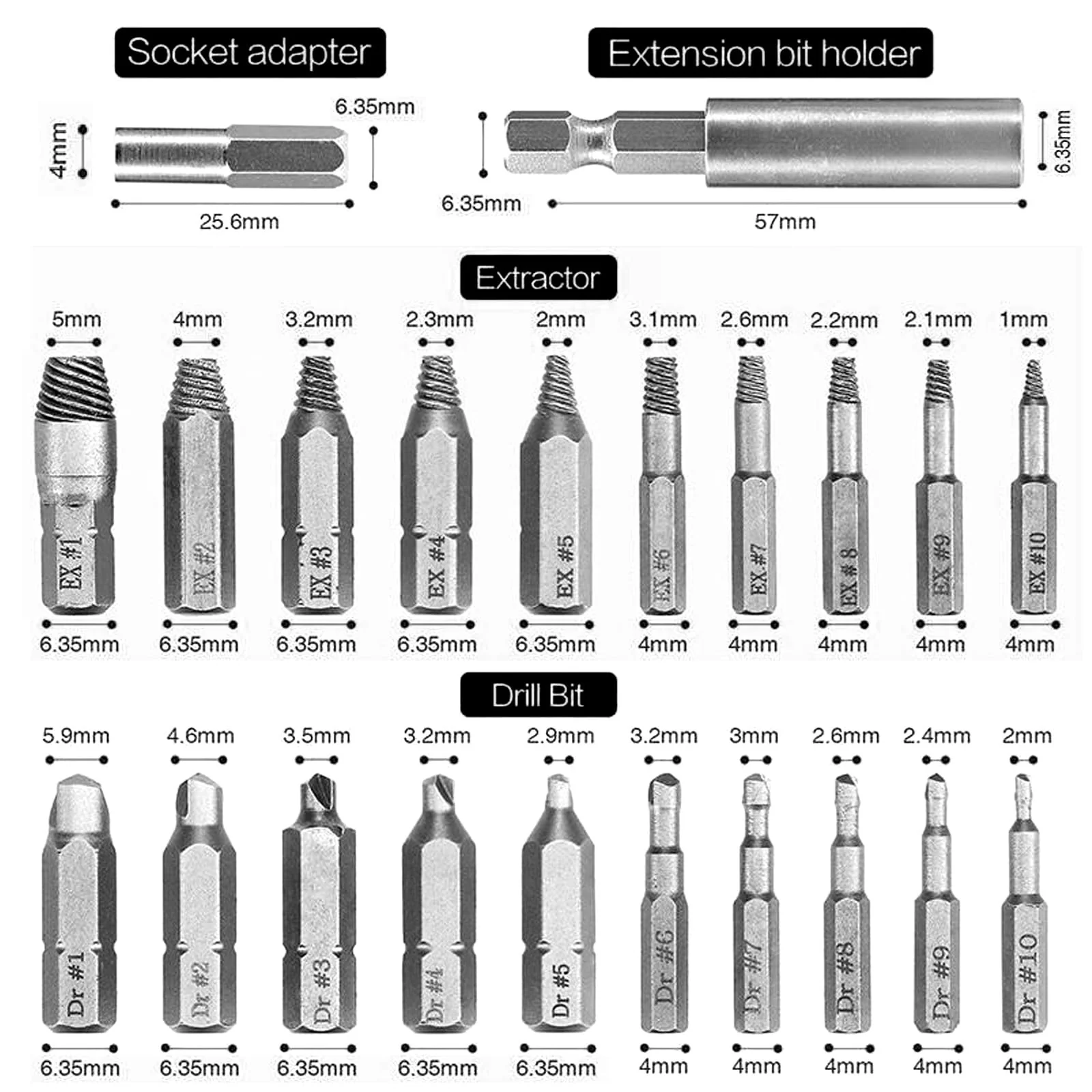 Xiciki Screw Extractor Set for Damaged Screws 2-12 mm Left Extractor Set with Drills, Extractors, Bit Extension Set of 22 - Image 2