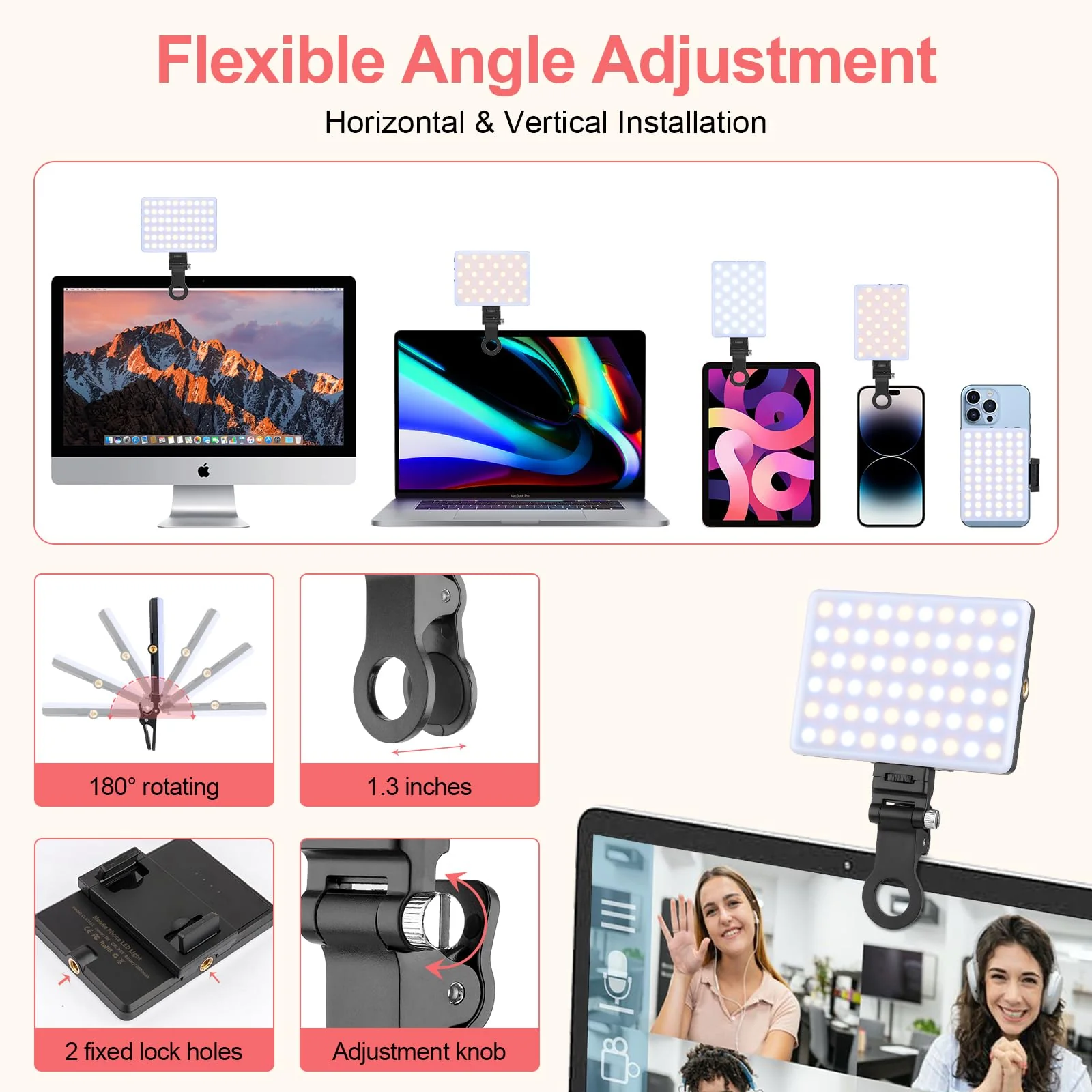 XINBAOHONG Rechargeable Clip Fill Video Conference Light, Selfie Light for Phone Android Camera iPad Laptop LED Phone Light for Makeup TikTok Selfie Vlog - Image 3