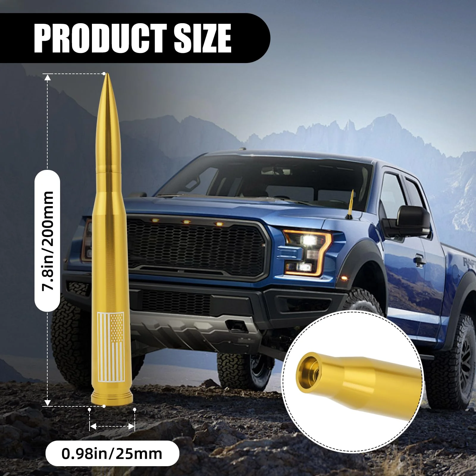 Xinhongfei Car Bullet Antenna Truck Antenna car Exterior Accessories American Flag for Radio for Truck SUV (7.8gold) 7.8gold - Image 2