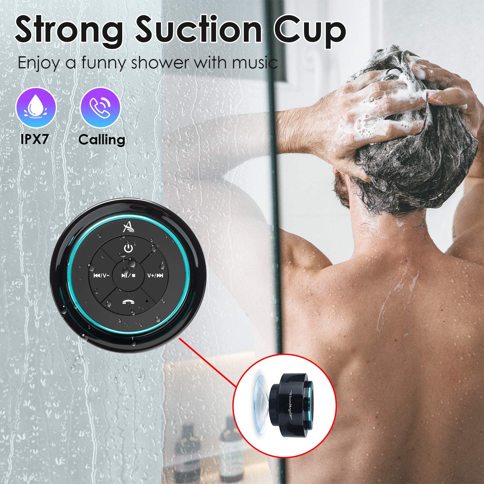 XLEADER, Upgraded, Pro Shower Speaker, Certified IPX7 Waterproof Bluetooth Speaker, with Suction Cup, Silicone Lanyard, 8W Crystal Sound&Rich Bass, 15H Playtime, Ideal Gifts - SoundAngel Mate(2 Gen) A Blue - Image 3