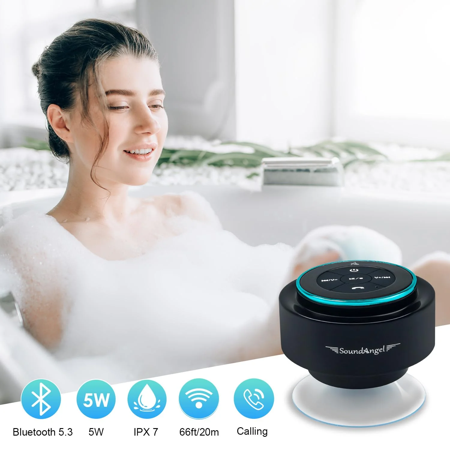 XLEADER, Upgraded, Pro Shower Speaker, Certified IPX7 Waterproof Bluetooth Speaker, with Suction Cup, Silicone Lanyard, 8W Crystal Sound&Rich Bass, 15H Playtime, Ideal Gifts - SoundAngel Mate(2 Gen) A Blue - Image 6