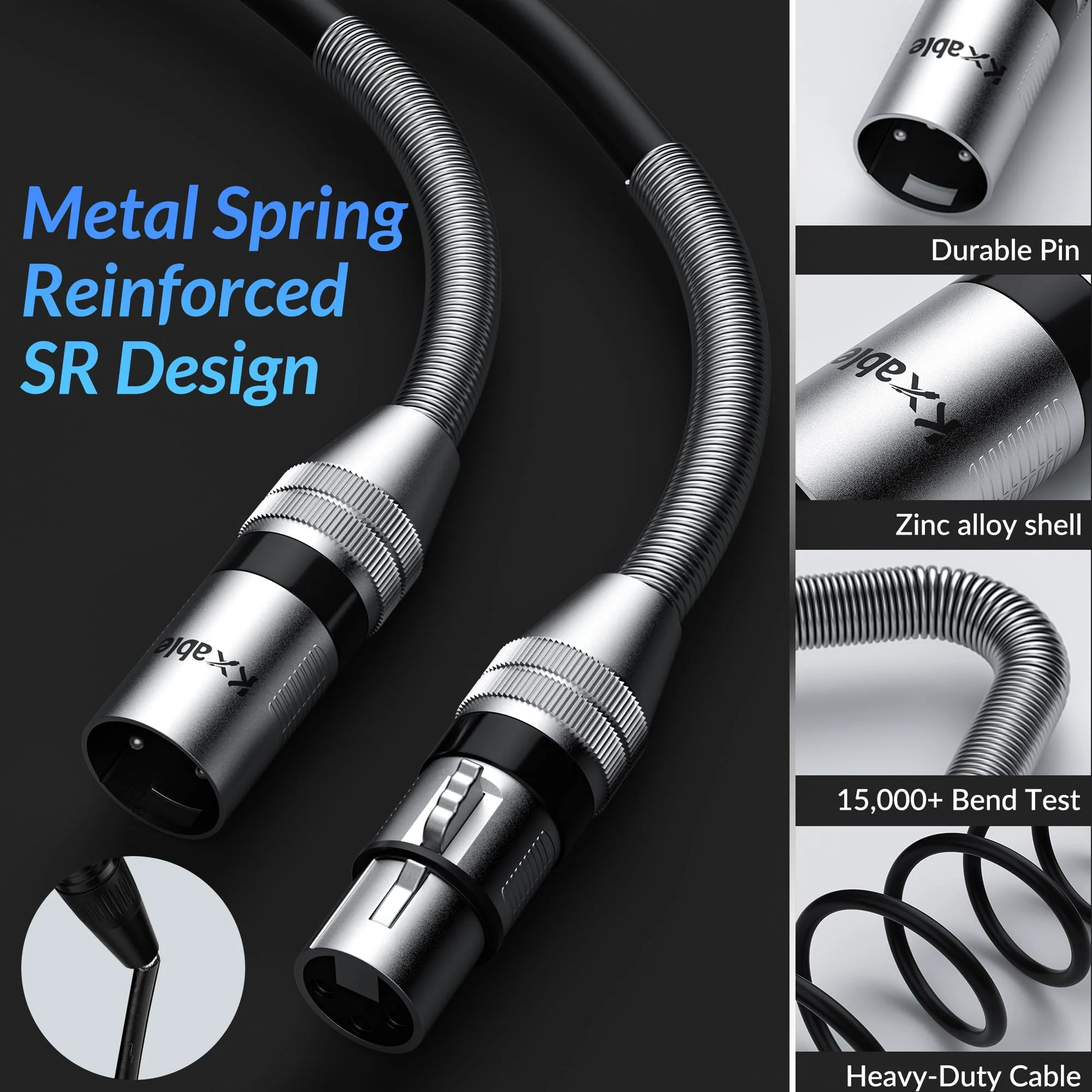 XLR Cable 8 Feet (2 Pack), 22AWG, Zinc Alloy Shells, XLR Male to Female Heavy Duty Cable, 3 Pin Balanced Shielded Microphone Cord, Durable & Flexible Patch XLR Cable, Metal Spring SR-Black 8FT 2-Pack - Image 2