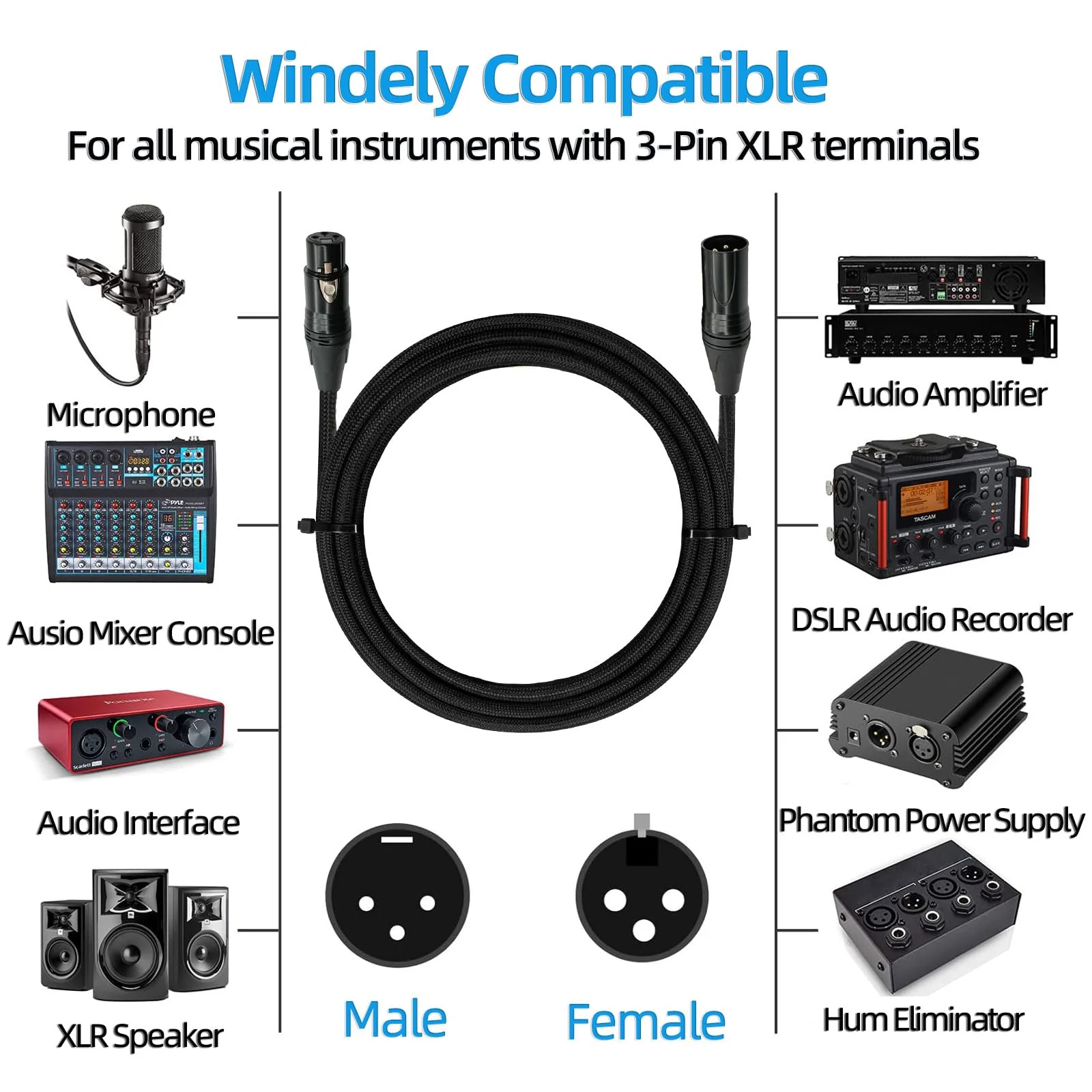 XLR Cable, Male to Female Audio Cables 25ft 1 Packs, Noise-Canceling, Premium Balanced Microphone Patch Cords 3-pin XLR Mic Cables Oxygen-Free Copper (OFC) Mic Cord for Speaker, Mixer, Studio 25 Feet-1Pack-Black - Image 3
