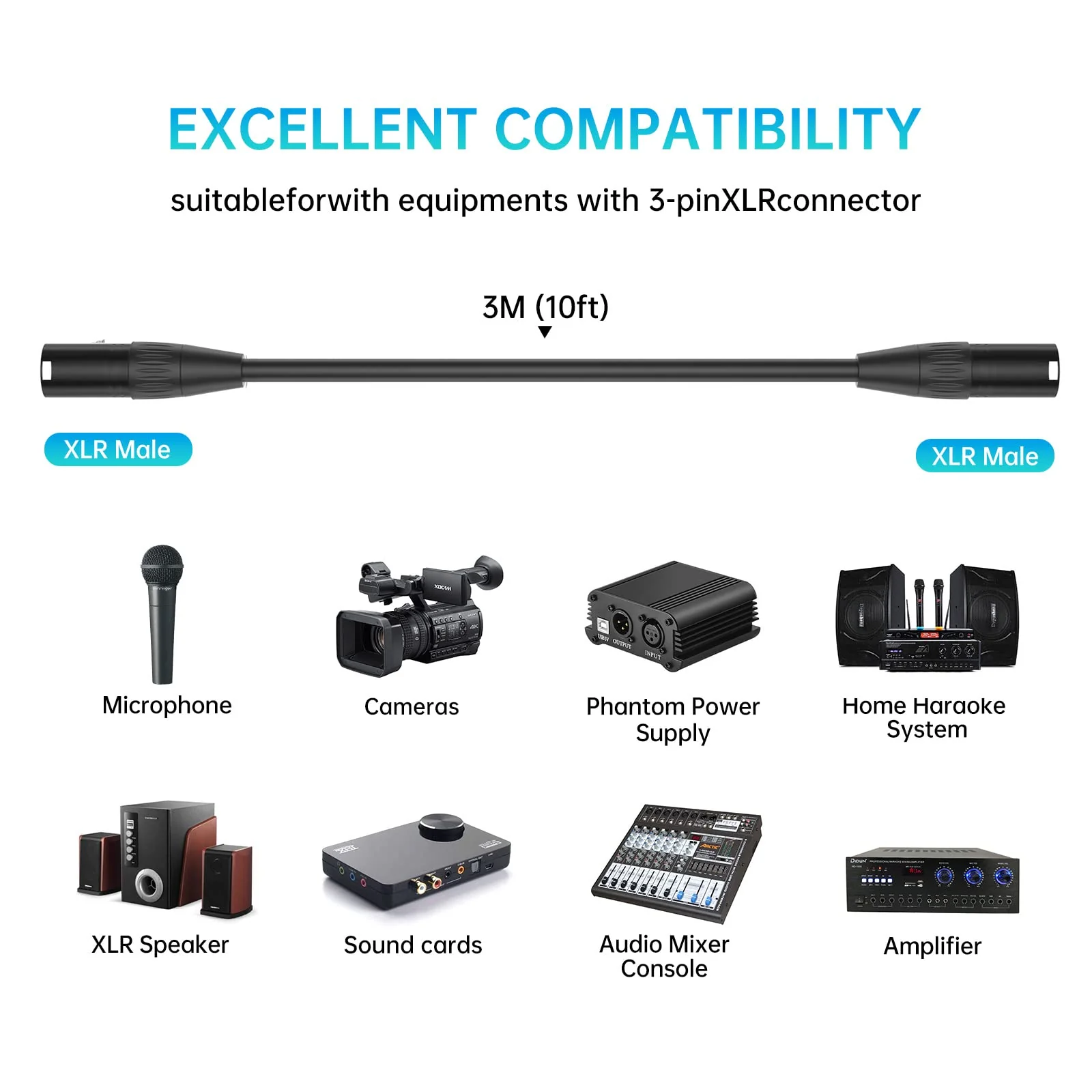 XLR Cable Male to Male, 3 Pin Male to Male Microphone Cable with Oxygen-Free Copper (10ft/3m, 2pack) - Image 3