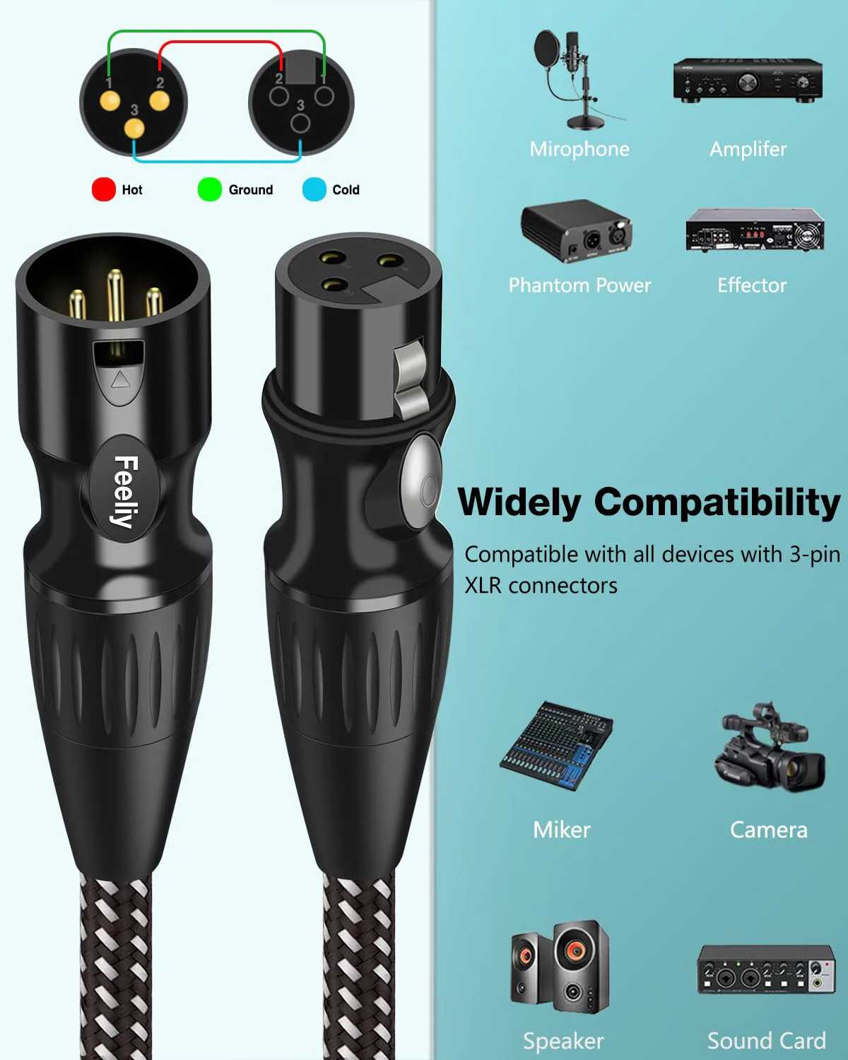 XLR Cables 10 Feet 2 Pack, Nylon Braided Microphone Cable, 3-Pin Gold-Plated Shielded Cord, Professional 22AWG OFC Mic Speaker Cable, Zinc Alloy Connectors 10Ft2Pack - Image 2