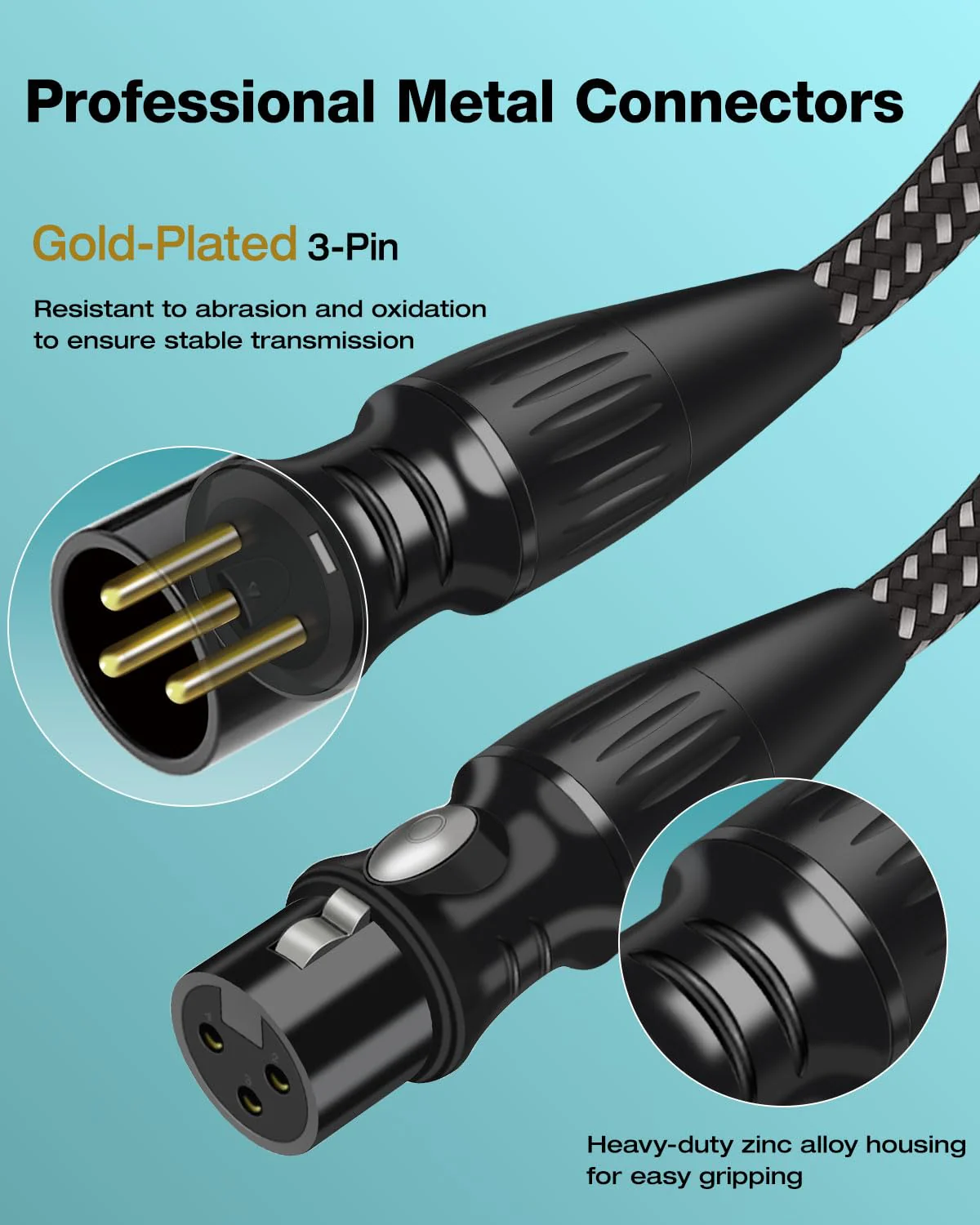 XLR Cables 10 Feet 2 Pack, Nylon Braided Microphone Cable, 3-Pin Gold-Plated Shielded Cord, Professional 22AWG OFC Mic Speaker Cable, Zinc Alloy Connectors 10Ft2Pack - Image 3